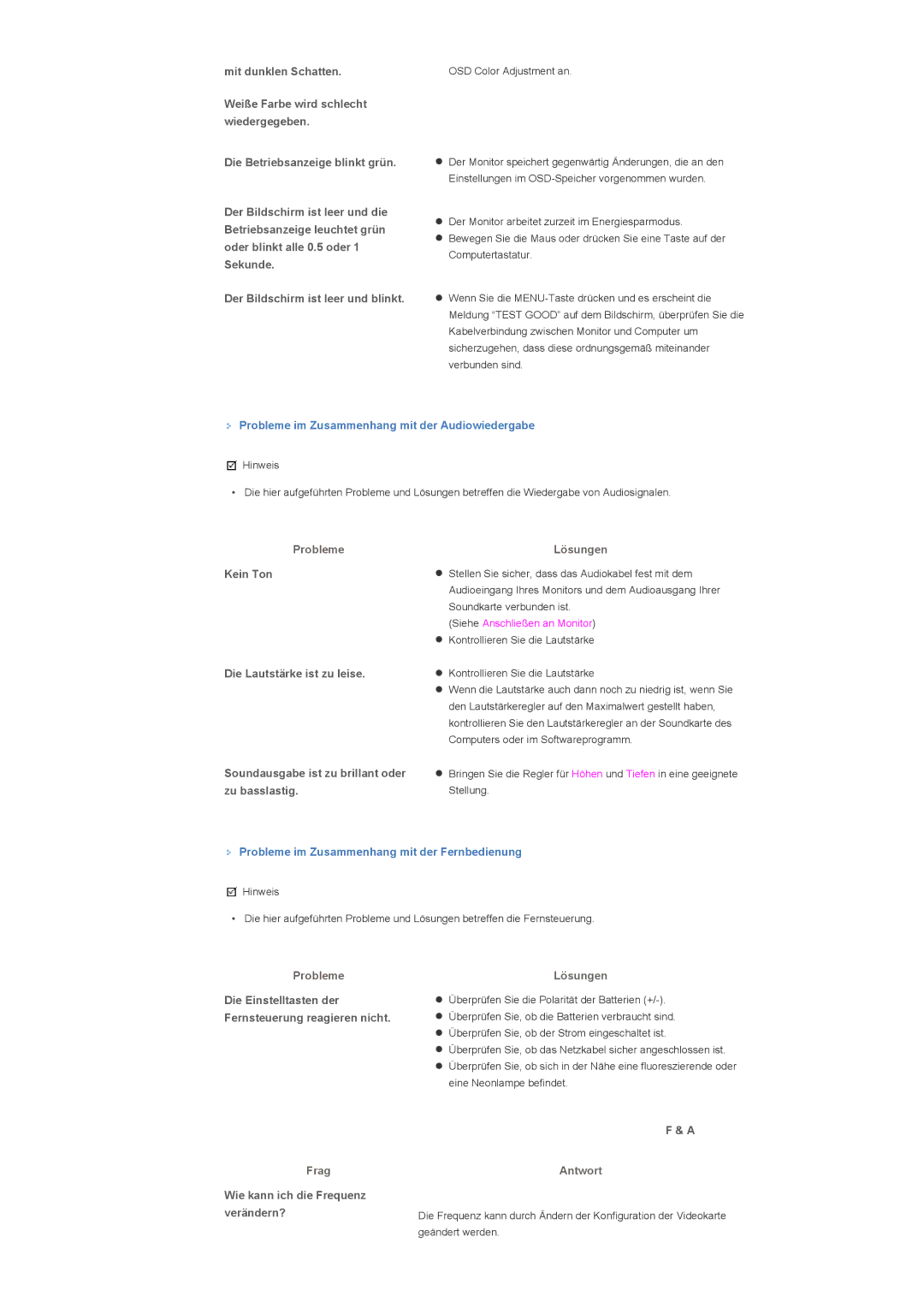 Samsung LS40BHYNS/EDC manual Die Einstelltasten der, Fernsteuerung reagieren nicht, Wie kann ich die Frequenz verändern? 