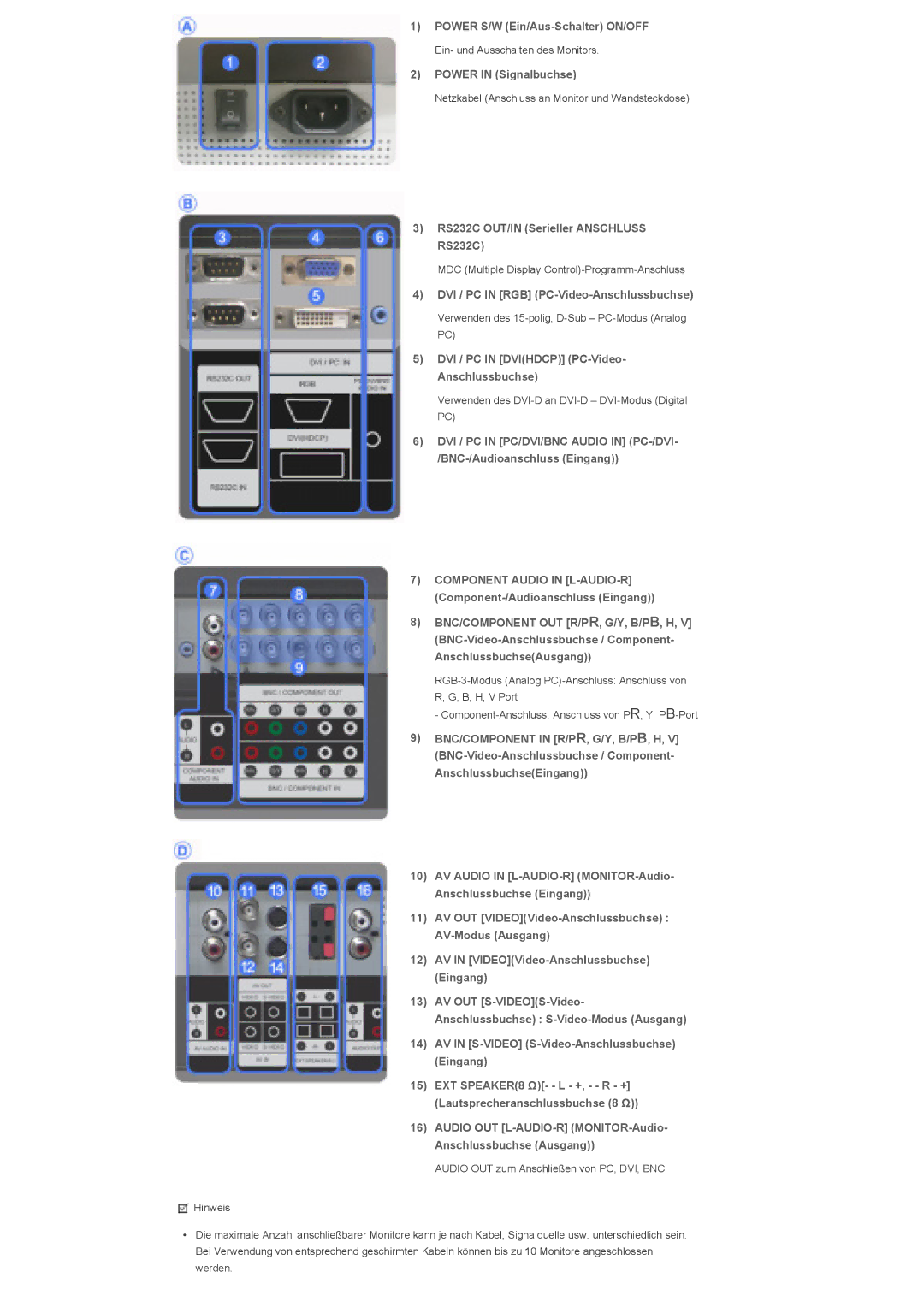 Samsung LS46BHYNSF/EDC Power S/W Ein/Aus-Schalter ON/OFF, Power in Signalbuchse, RS232C OUT/IN Serieller Anschluss RS232C 