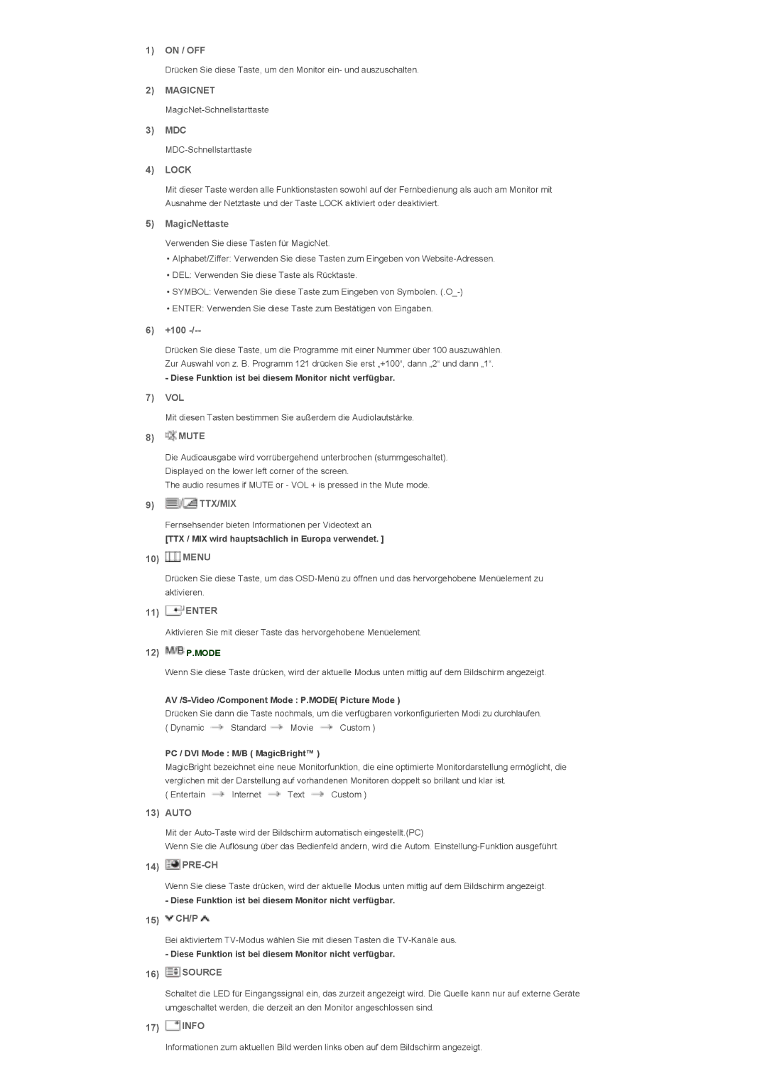 Samsung LS40BHVNS/EDC manual On / OFF, Mdc, MagicNettaste, +100, Vol, Mute, Menu, Enter, Auto, Pre-Ch, 15 CH/P, Info 