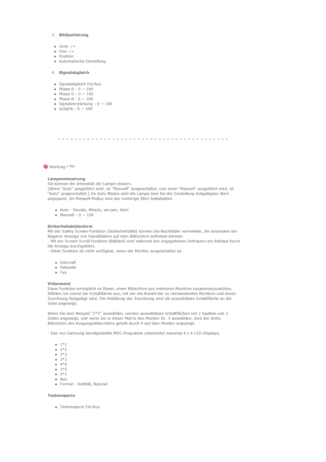 Samsung LS40BHTNS/EDC Bildjustierung, Signalabgleich, Lampensteuerung, Sicherheitsbildschirm, Videowand, Tastensperre 
