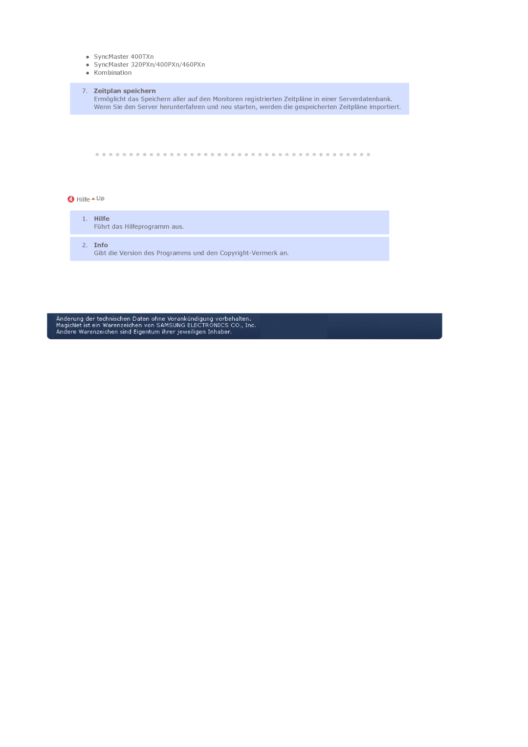 Samsung LS46BHTNBF/EDC, LS46BHYNBF/EDC, LS46BHPNS/EDC, LS40BHTNB/EDC, LS40BHYNSF/EDC manual Zeitplan speichern, Hilfe, Info 