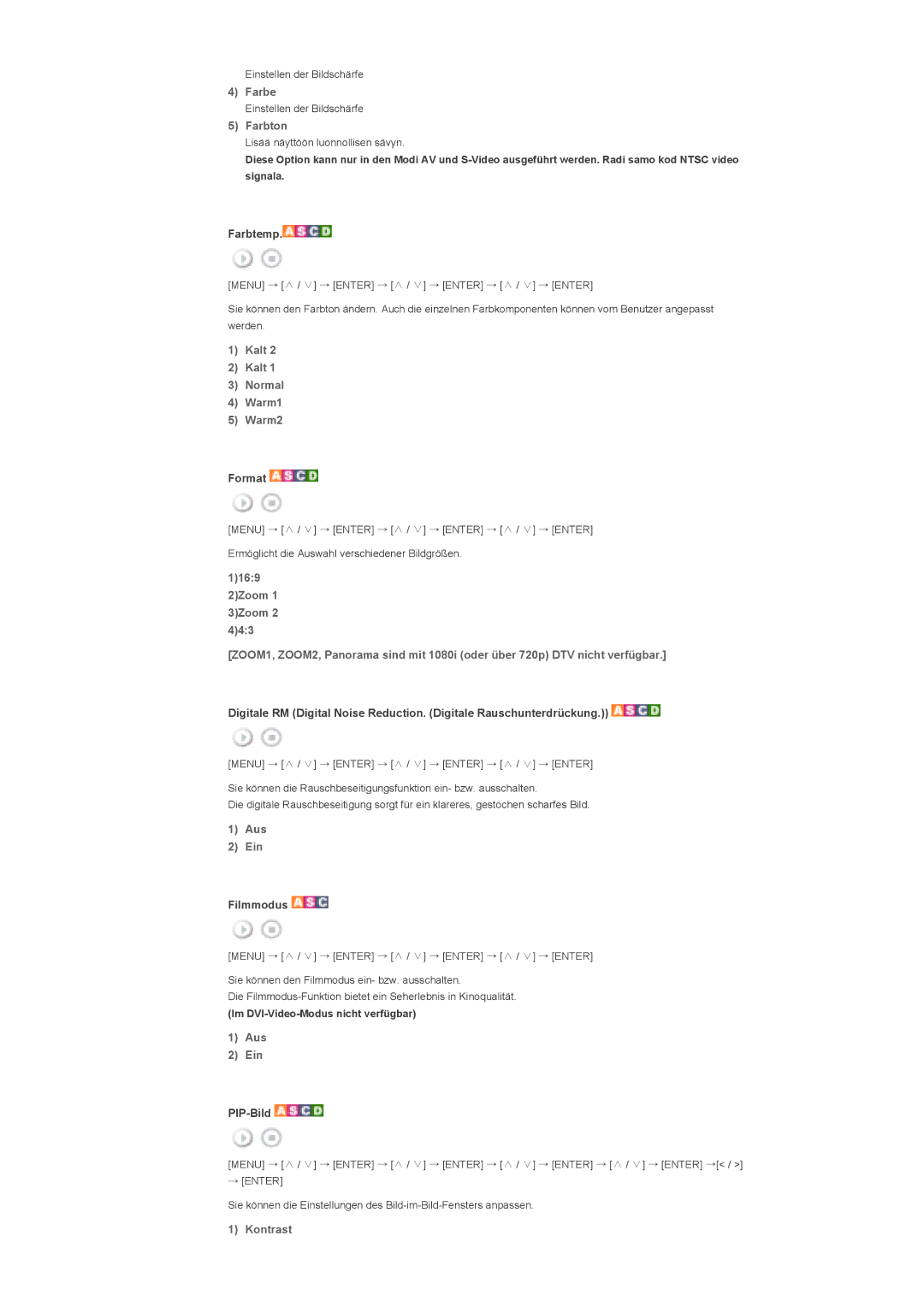 Samsung LS46BHYNBF/EDC, LS46BHTNBF/EDC, LS46BHPNS/EDC, LS40BHTNB/EDC manual Kalt Normal Warm1 Warm2, Aus Ein, Filmmodus 