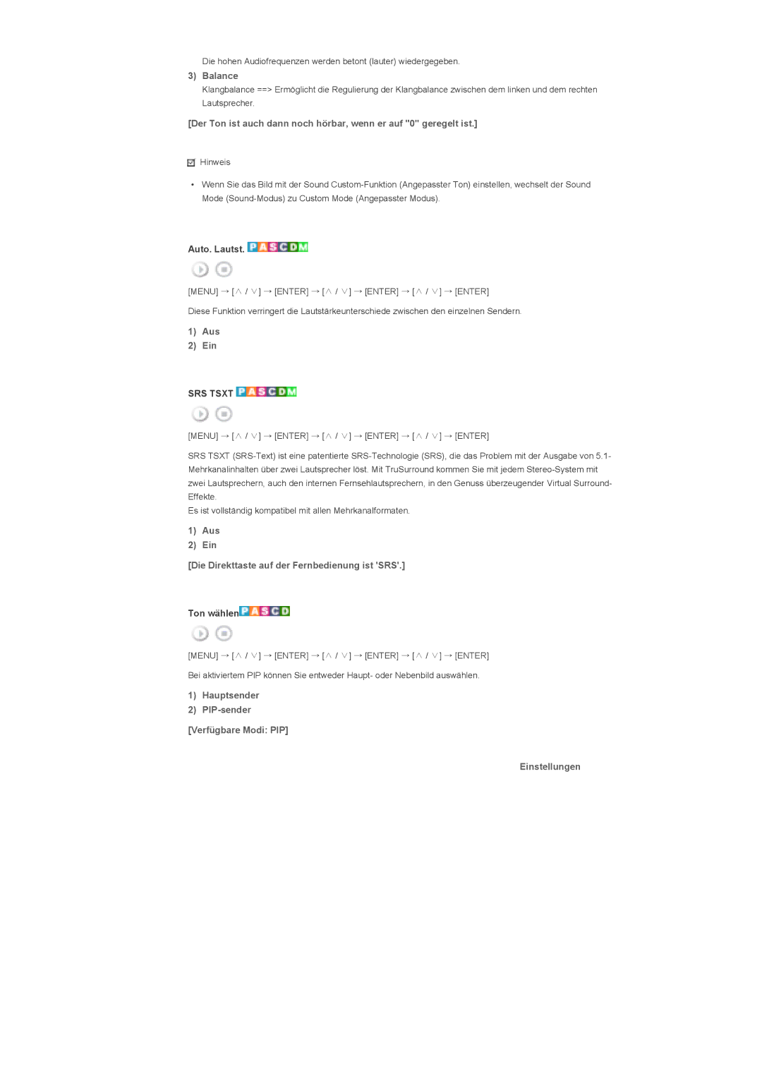 Samsung LS40BHTNB/EDC manual Balance, Auto. Lautst, Aus Ein Die Direkttaste auf der Fernbedienung ist SRS, Ton wählen 