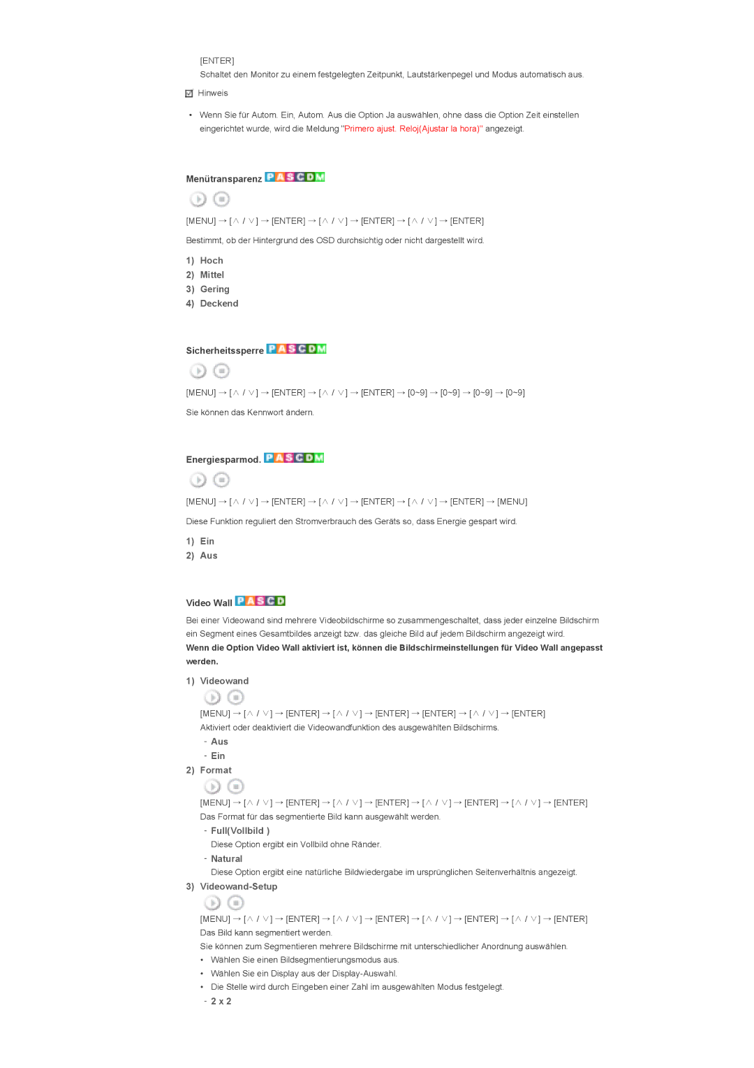 Samsung LS46BHYNSF/EDC, LS46BHTNBF/EDC, LS46BHYNBF/EDC manual Hoch Mittel Gering Deckend, Ein Aus, Videowand, Aus Ein Format 