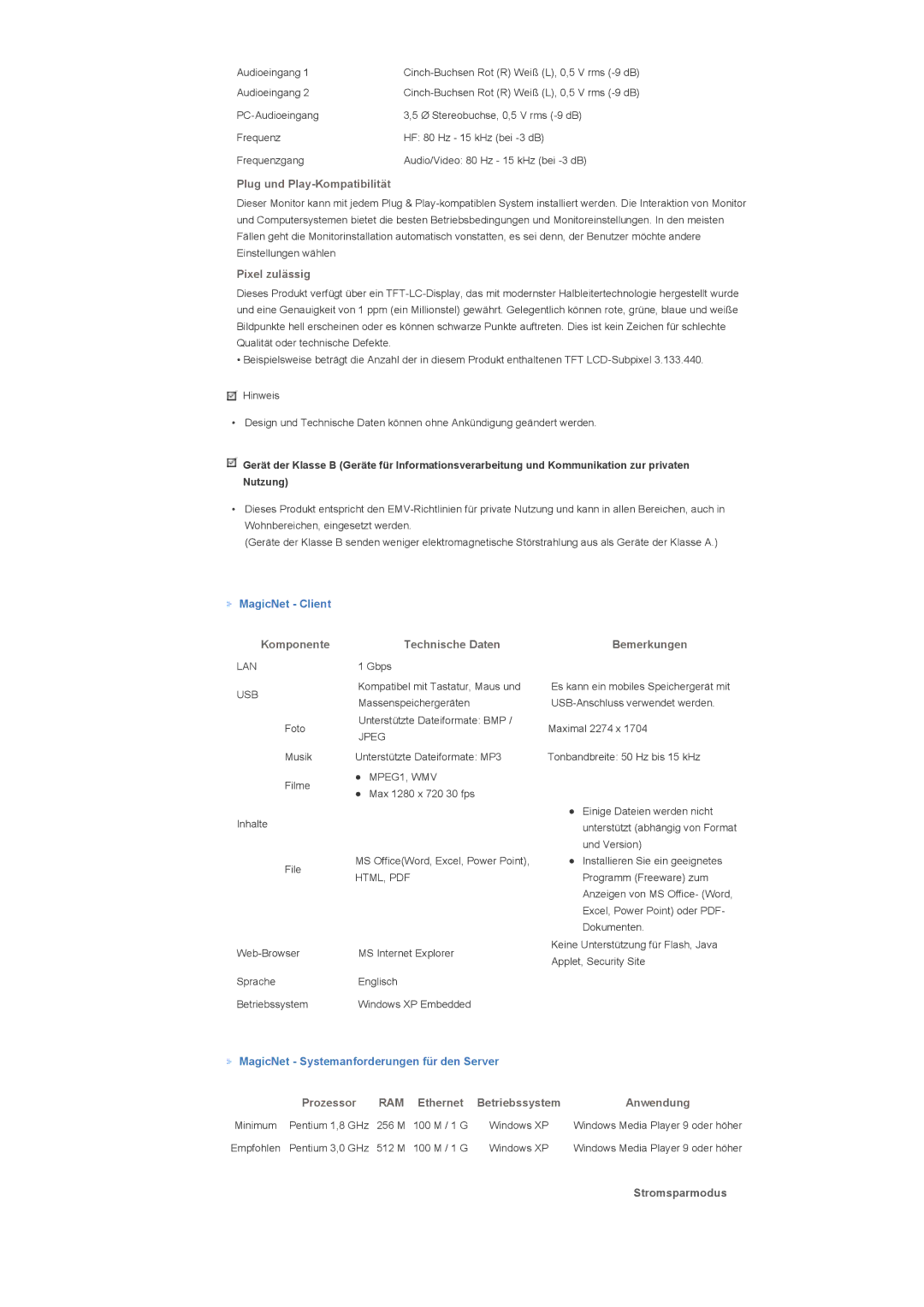 Samsung LS46BHZNS/EDC, LS46BHTNBF/EDC manual MagicNet Client, MagicNet Systemanforderungen für den Server, Stromsparmodus 