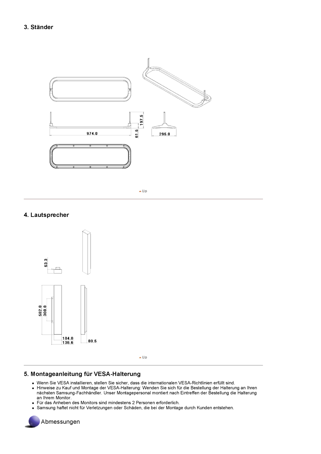 Samsung LS40BHTNS/EDC, LS46BHTNBF/EDC, LS46BHYNBF/EDC manual Ständer Lautsprecher Montageanleitung für VESA-Halterung 