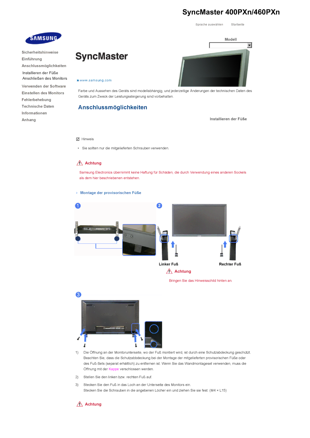 Samsung LS40BHPNS/EDC, LS46BHTNBF/EDC, LS46BHYNBF/EDC, LS46BHPNS/EDC Installieren der Füße, Montage der provisorischen Füße 