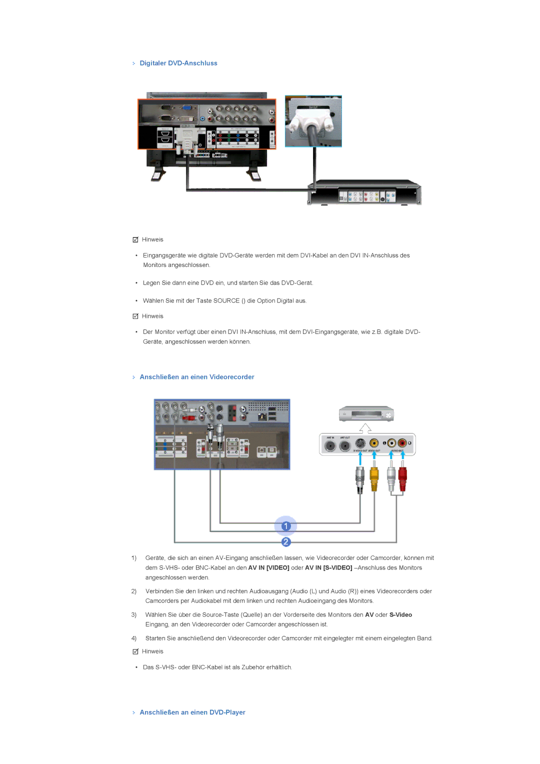 Samsung LS46BHTNS/EDC manual Digitaler DVD-Anschluss, Anschließen an einen Videorecorder, Anschließen an einen DVD-Player 