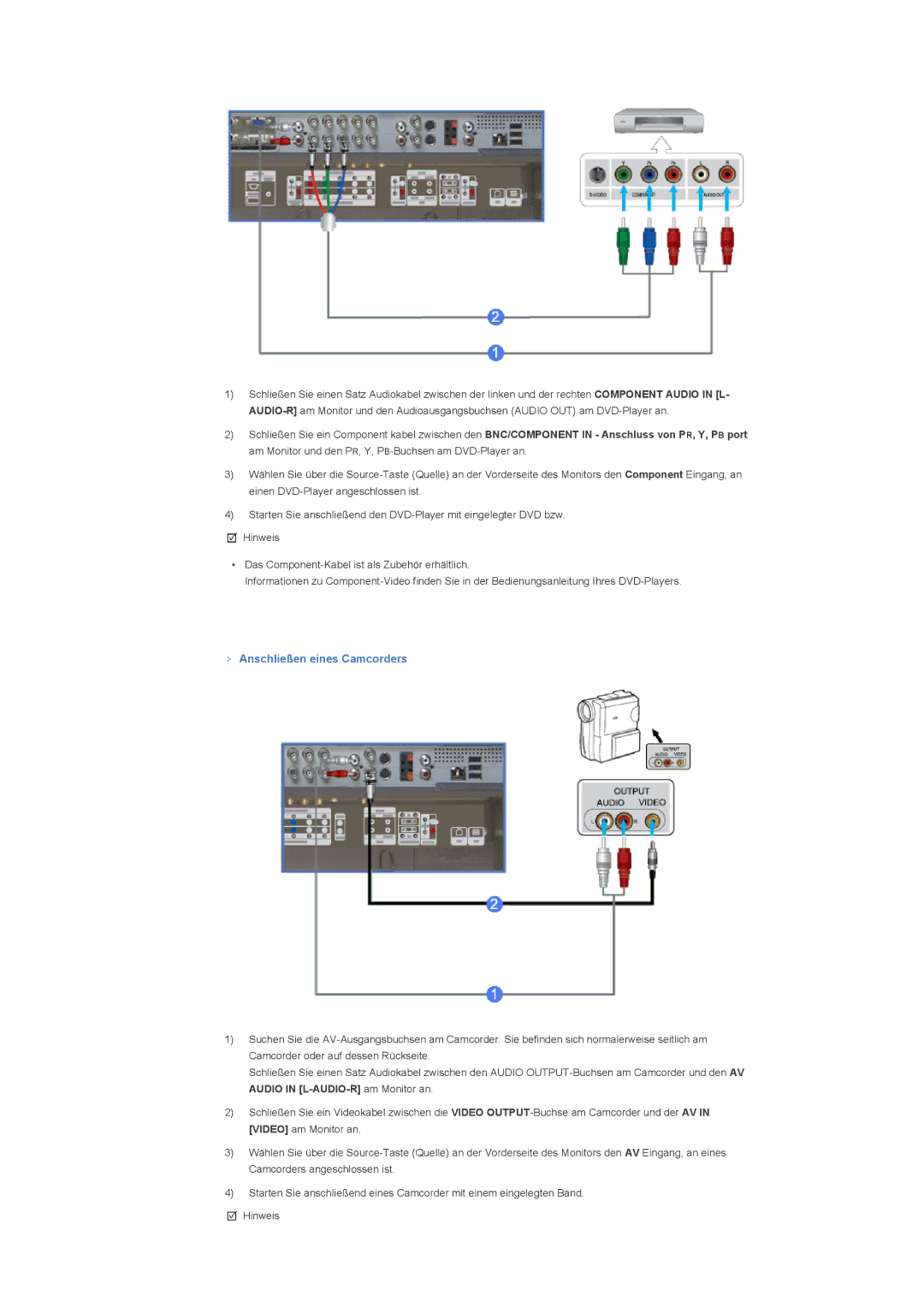 Samsung LS40BHTNS/EDC, LS46BHTNBF/EDC, LS46BHYNBF/EDC, LS46BHPNS/EDC, LS40BHTNB/EDC manual Anschließen eines Camcorders 