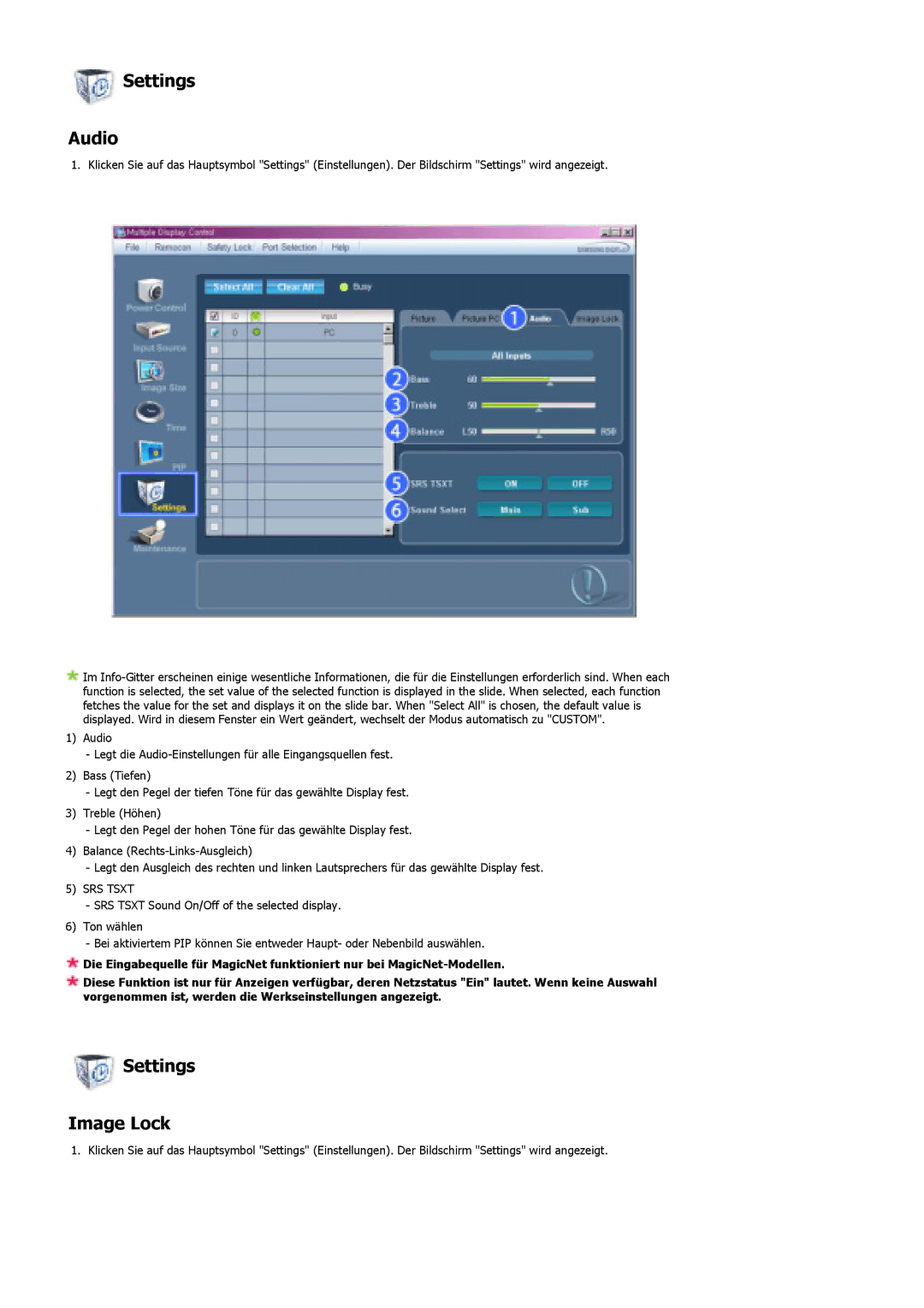 Samsung LS46BHZNS/EDC, LS46BHTNBF/EDC, LS46BHYNBF/EDC, LS46BHPNS/EDC, LS40BHTNB/EDC manual Settings Audio, Settings Image Lock 