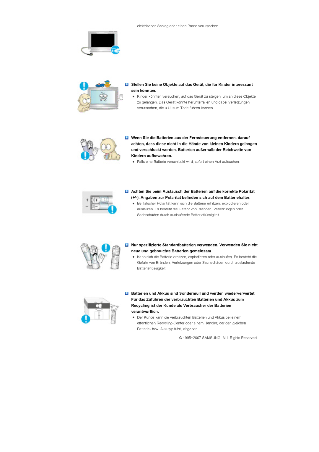 Samsung LS46BHTNS/EDC, LS46BHTNBF/EDC, LS46BHYNBF/EDC, LS46BHPNS/EDC manual Elektrischen Schlag oder einen Brand verursachen 