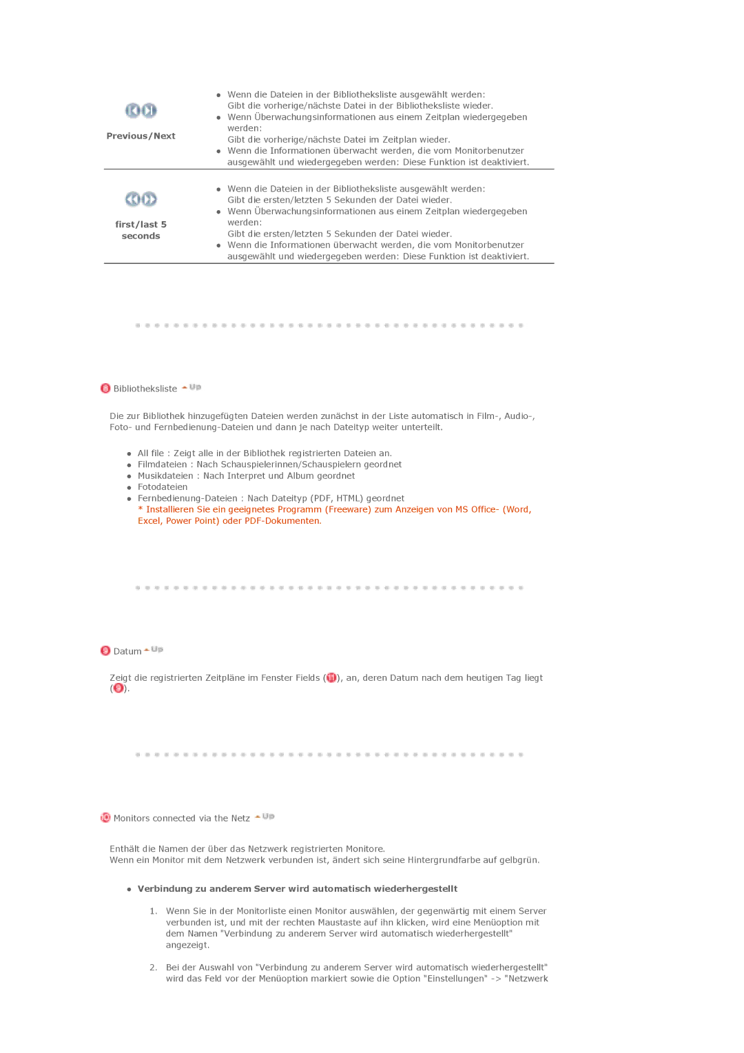 Samsung LS40BHYNSF/EDC, LS46BHTNBF/EDC, LS46BHYNBF/EDC, LS46BHPNS/EDC, LS40BHTNB/EDC manual Previous/Next, First/last Seconds 