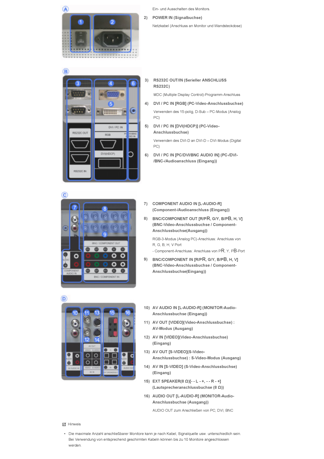 Samsung LS40BHRNS/EDC, LS46BHTNBF/EDC, LS46BHYNBF/EDC, LS46BHPNS/EDC, LS40BHTNB/EDC, LS40BHYNSF/EDC manual POWER IN Signalbuchse 