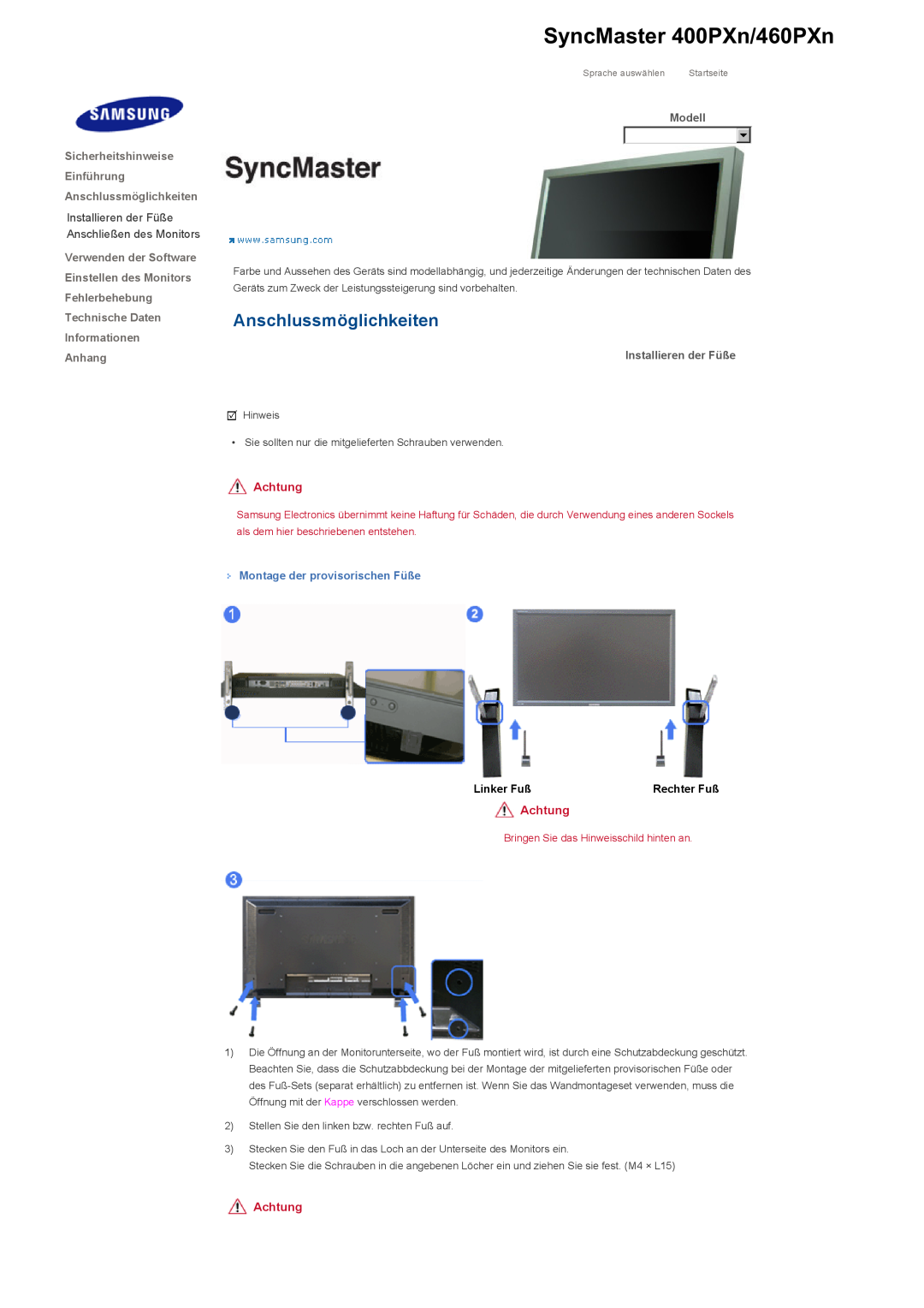 Samsung LS46BHYNBF/EDC manual SyncMaster 400PXn/460PXn, Anschlussmöglichkeiten, Dodatak, ǷȘȐȓȖȎȍȕȐȍ, Achtung, Linker Fuß 