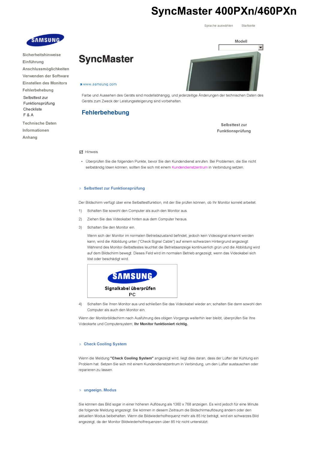 Samsung LS46BHPNS/EDC manual SyncMaster 400PXn/460PXn, Fehlerbehebung, Selbsttest zur Funktionsprüfung Checkliste F & A 