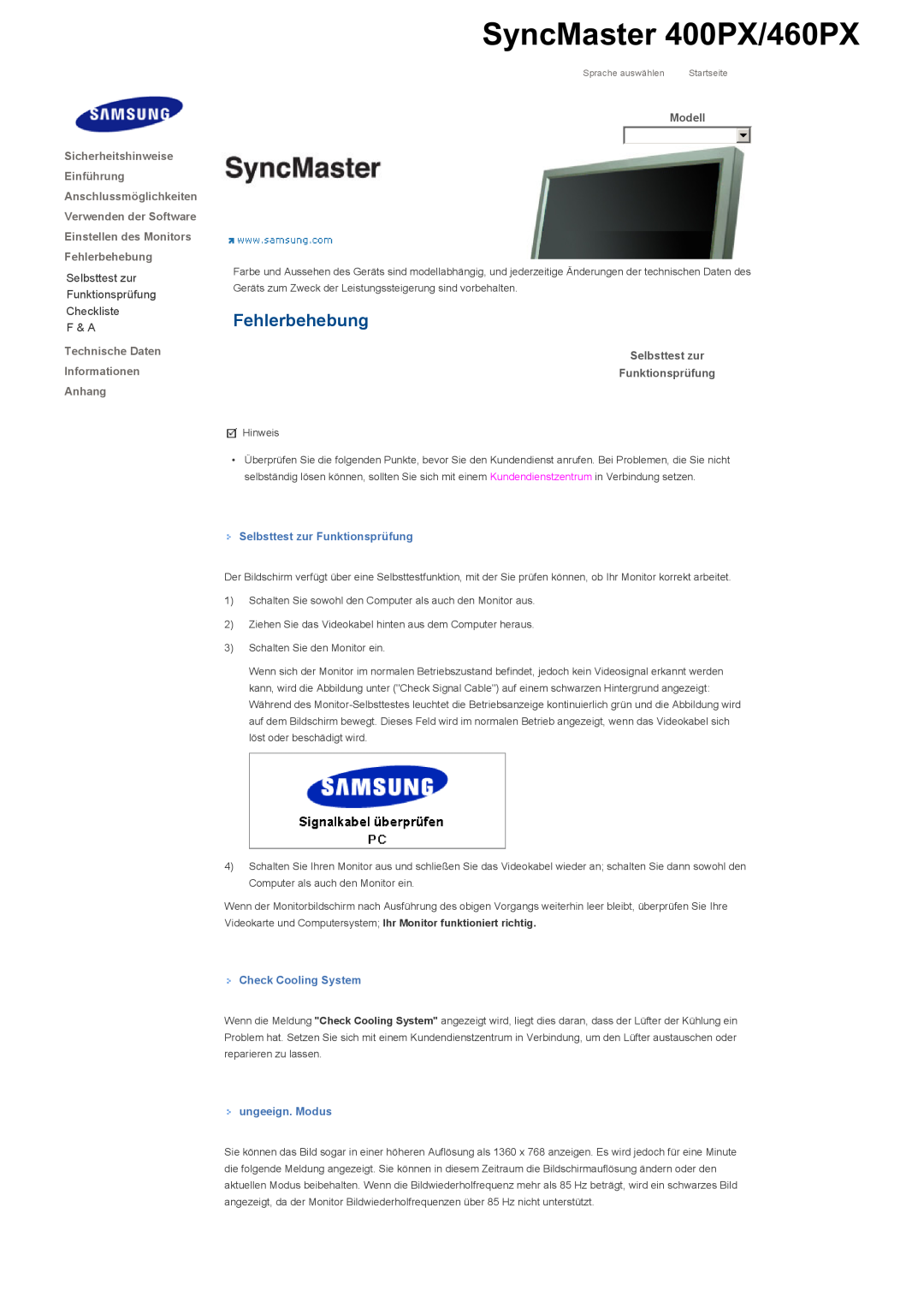 Samsung LS46BHZNS/EDC manual SyncMaster 400PX/460PX, Fehlerbehebung, Selbsttest zur Funktionsprüfung Checkliste F & A 