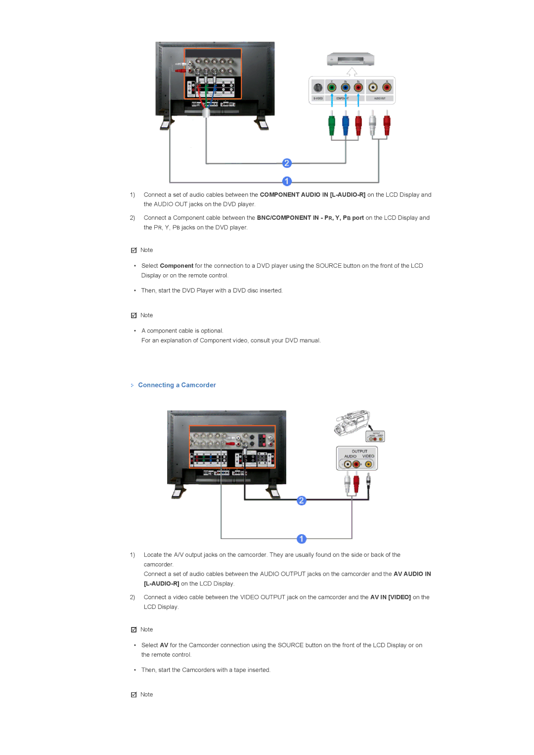 Samsung LS40BPPNB/EDC, LS46BPPNB/EDC, LS46BPPNS/EDC, LS40BPPNS/EDC manual Connecting a Camcorder 