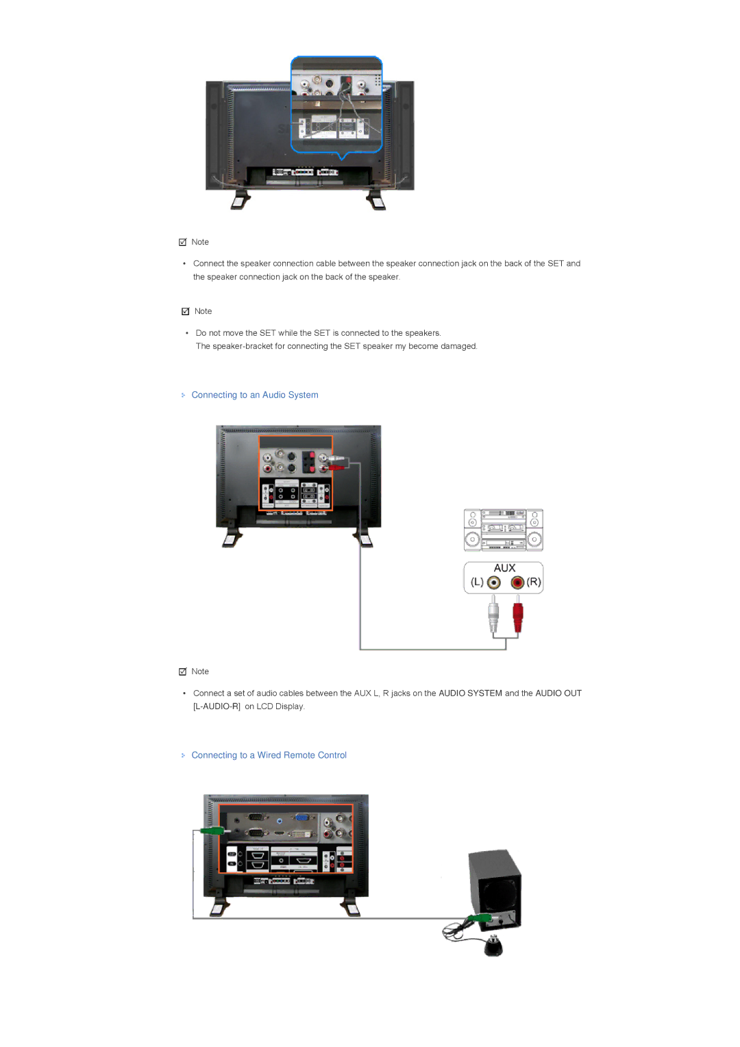 Samsung LS40BPPNS/EDC, LS46BPPNB/EDC, LS40BPPNB/EDC Connecting to an Audio System, Connecting to a Wired Remote Control 