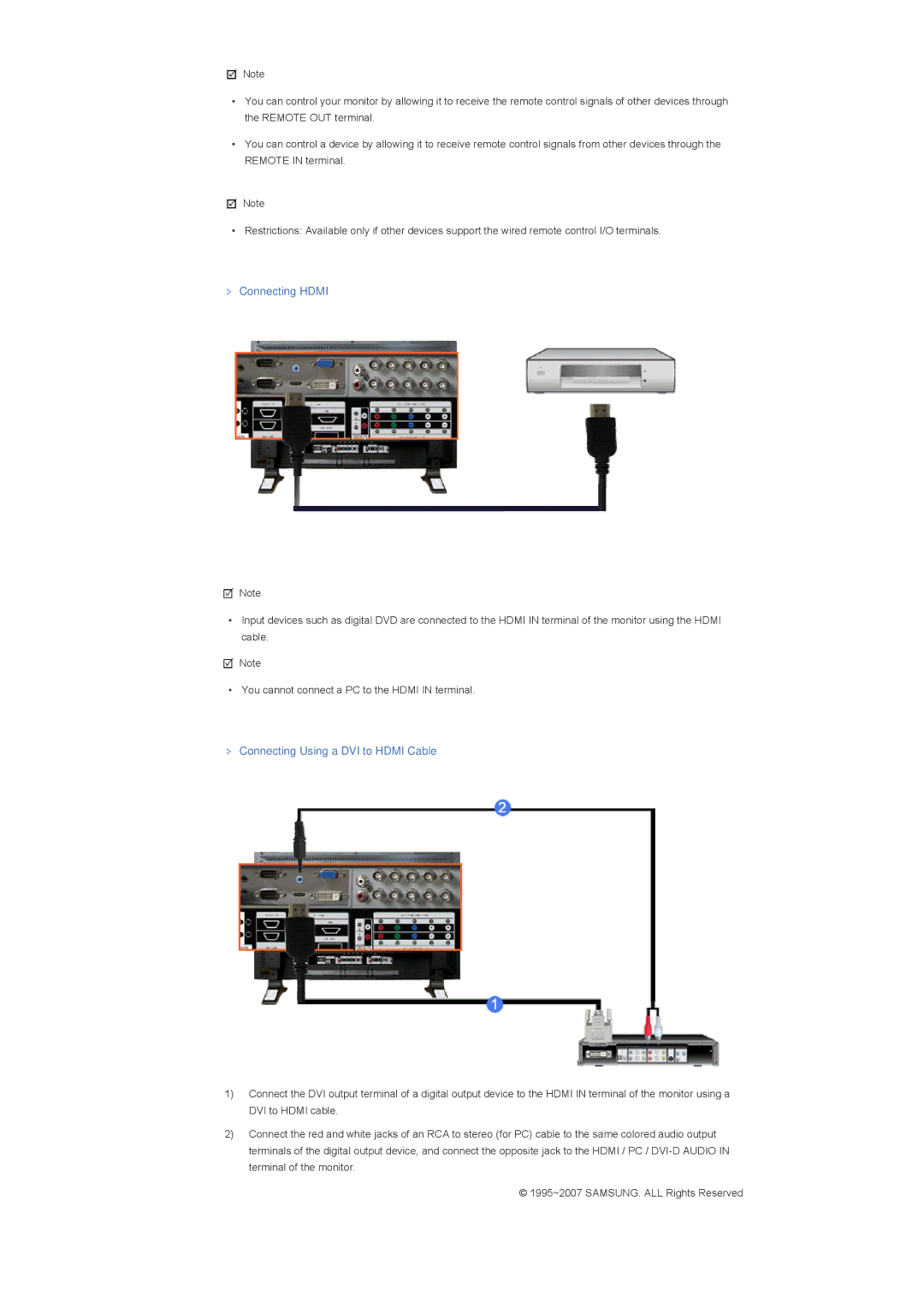 Samsung LS46BPPNB/EDC, LS40BPPNB/EDC, LS46BPPNS/EDC, LS40BPPNS/EDC Connecting Hdmi, Connecting Using a DVI to Hdmi Cable 