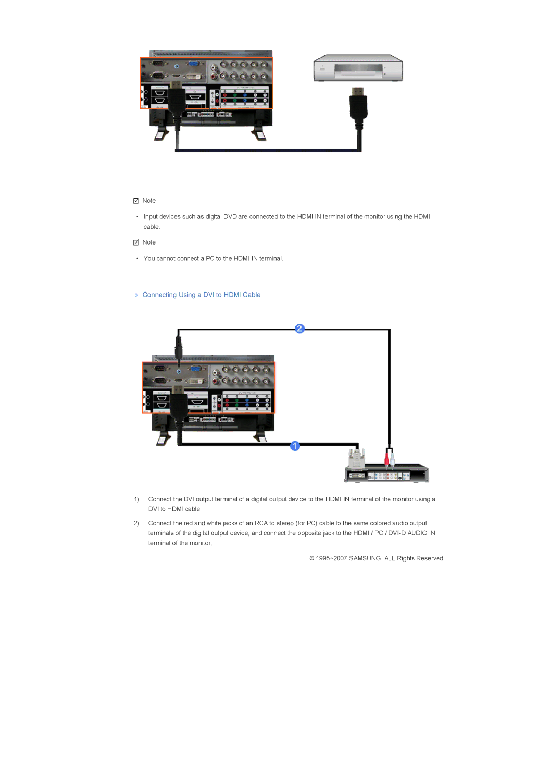 Samsung LS40BPPNB/EDC, LS46BPPNB/EDC, LS46BPPNS/EDC, LS40BPPNS/EDC manual Connecting Using a DVI to Hdmi Cable 