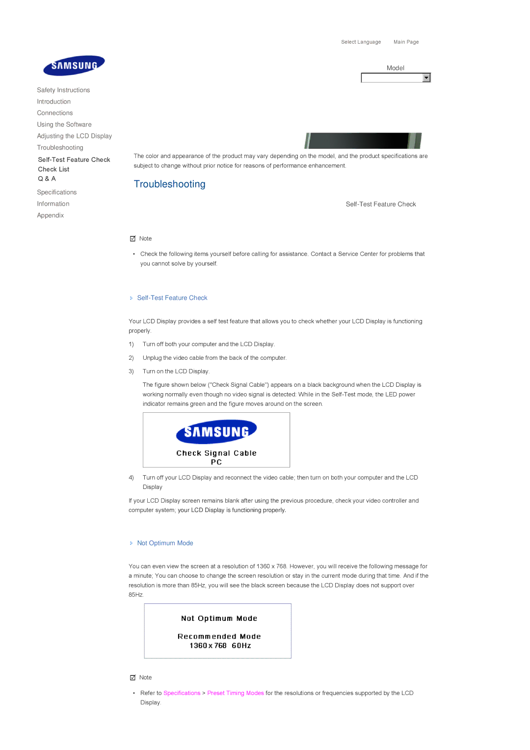 Samsung LS46BPPNS/EDC, LS46BPPNB/EDC manual Specifications Information Appendix, Self-Test Feature Check, Not Optimum Mode 