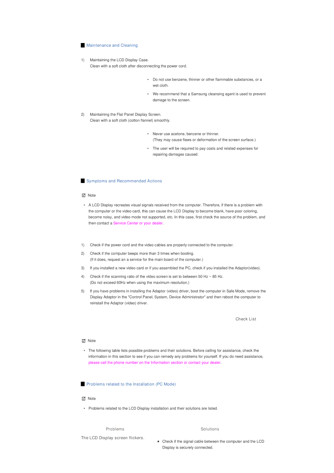 Samsung LS40BPPNS/EDC, LS46BPPNB/EDC, LS40BPPNB/EDC, LS46BPPNS/EDC manual Check List, Problems, LCD Display screen flickers 