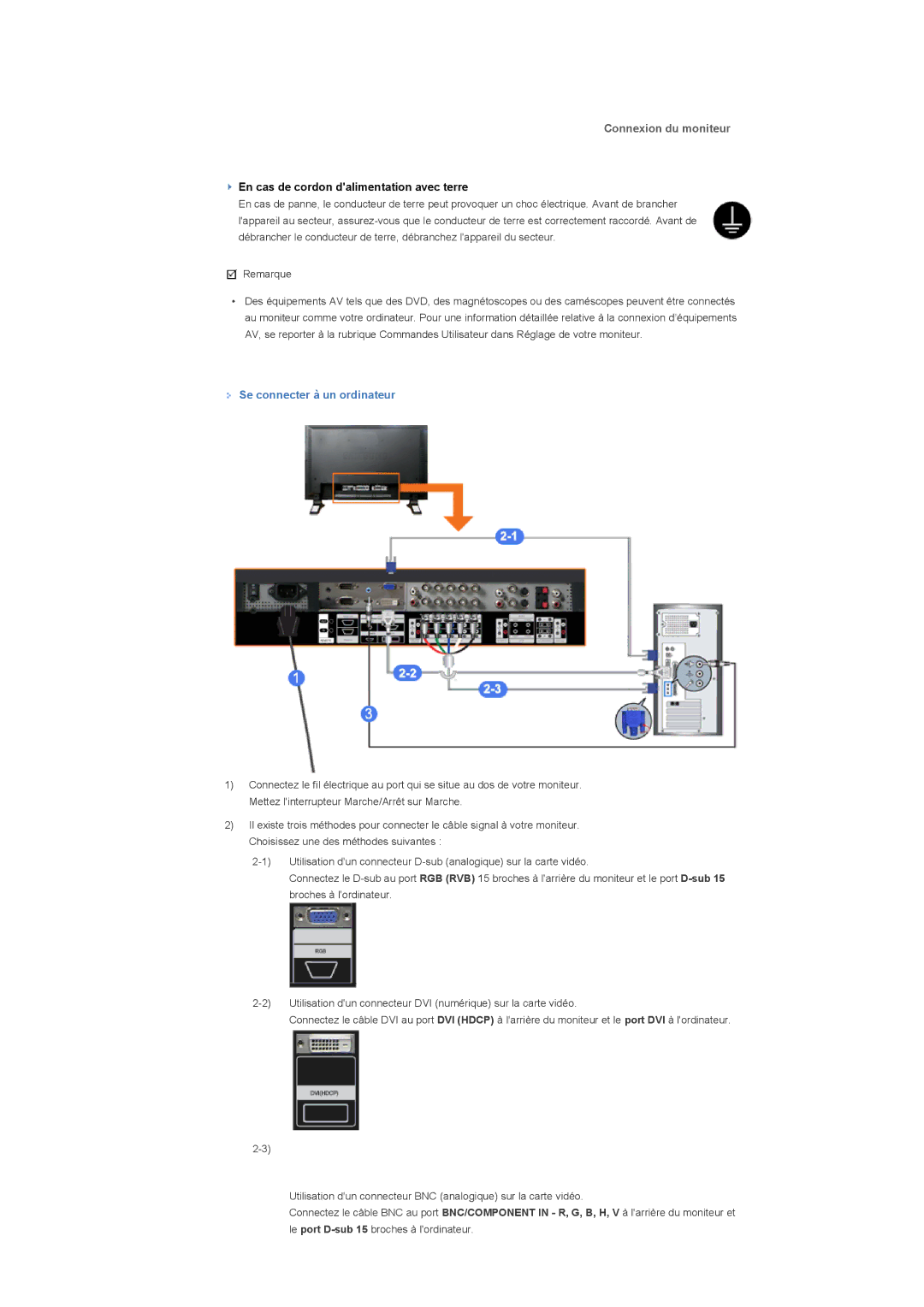 Samsung LS46BPPNS/EDC, LS46BPPNB/EDC, LS40BPPNB/EDC, LS40BPPNS/EDC manual Connexion du moniteur, Se connecter à un ordinateur 