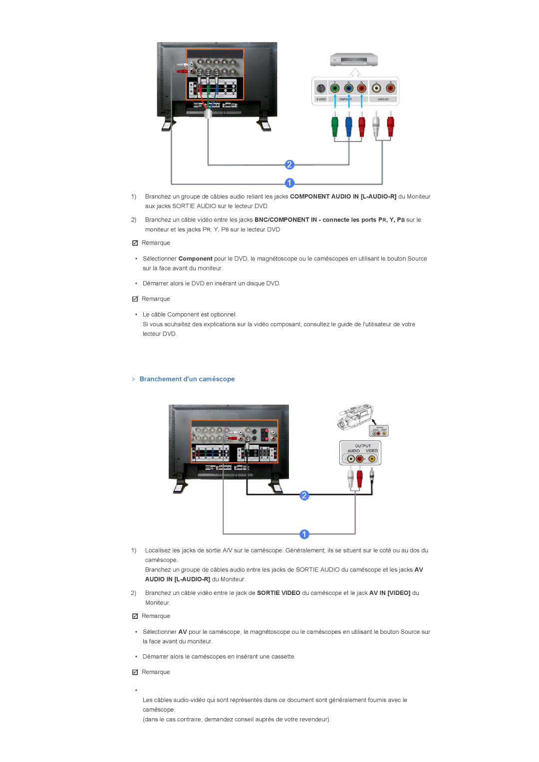 Samsung LS46BPPNB/EDC, LS40BPPNB/EDC, LS46BPPNS/EDC, LS40BPPNS/EDC manual Branchement dun caméscope 