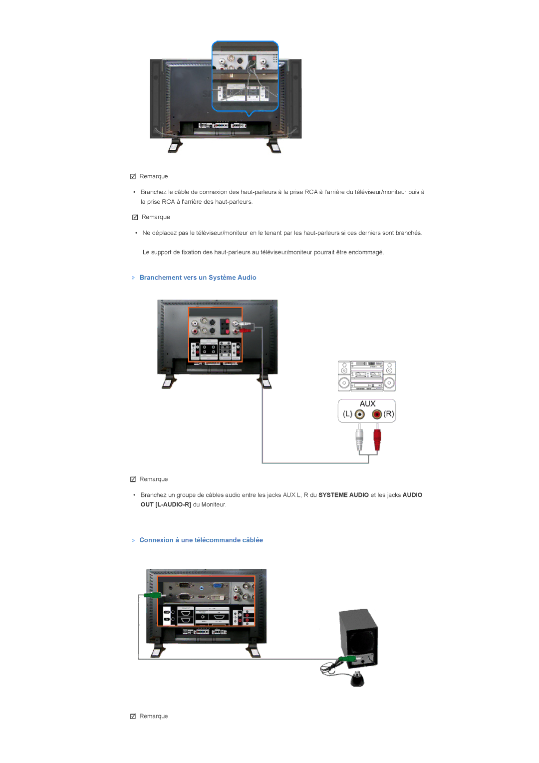 Samsung LS46BPPNS/EDC, LS46BPPNB/EDC, LS40BPPNB/EDC Branchement vers un Système Audio, Connexion à une télécommande câblée 