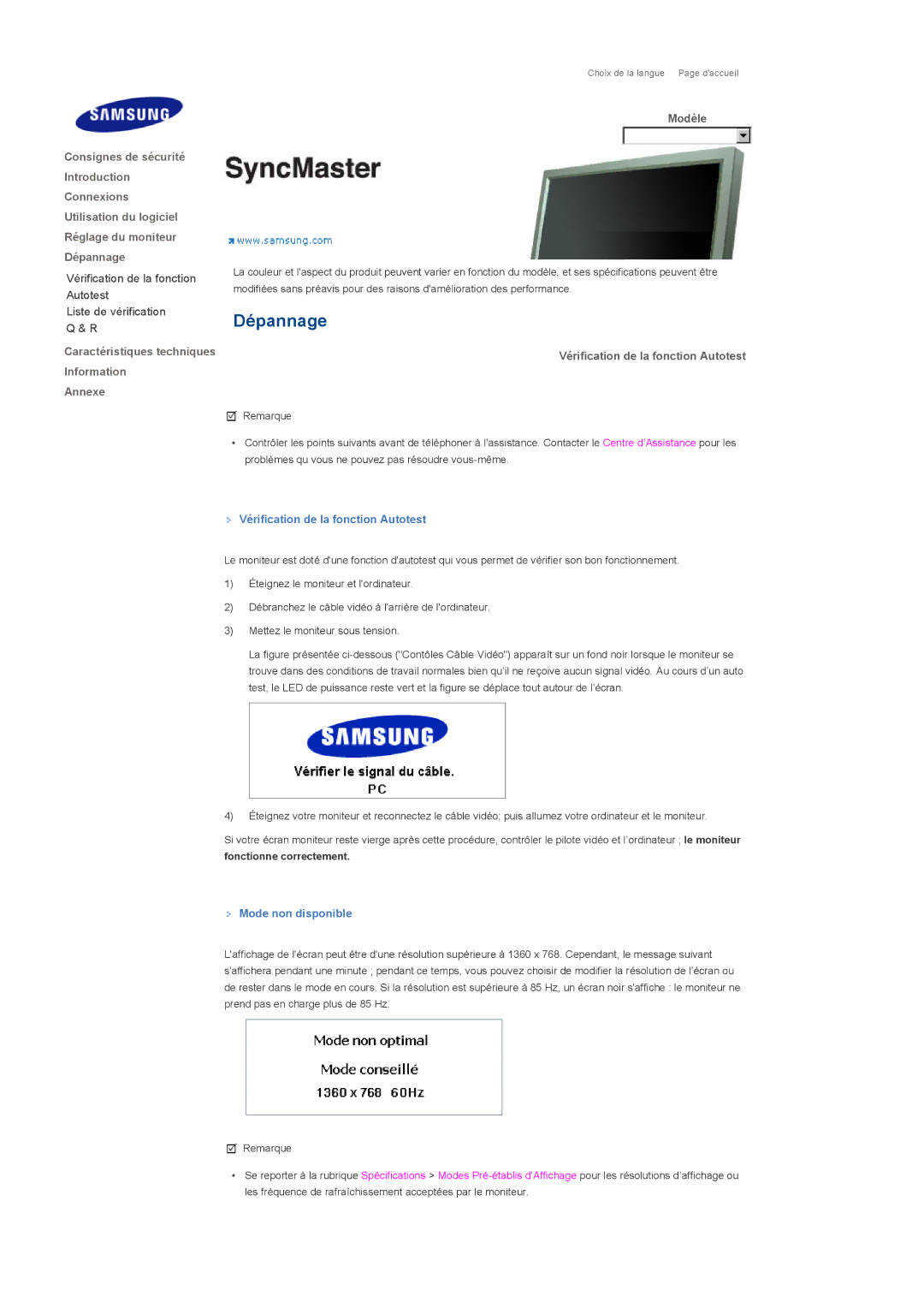 Samsung LS46BPPNB/EDC, LS40BPPNB/EDC Caractéristiques techniques Information Annexe, Vérification de la fonction Autotest 