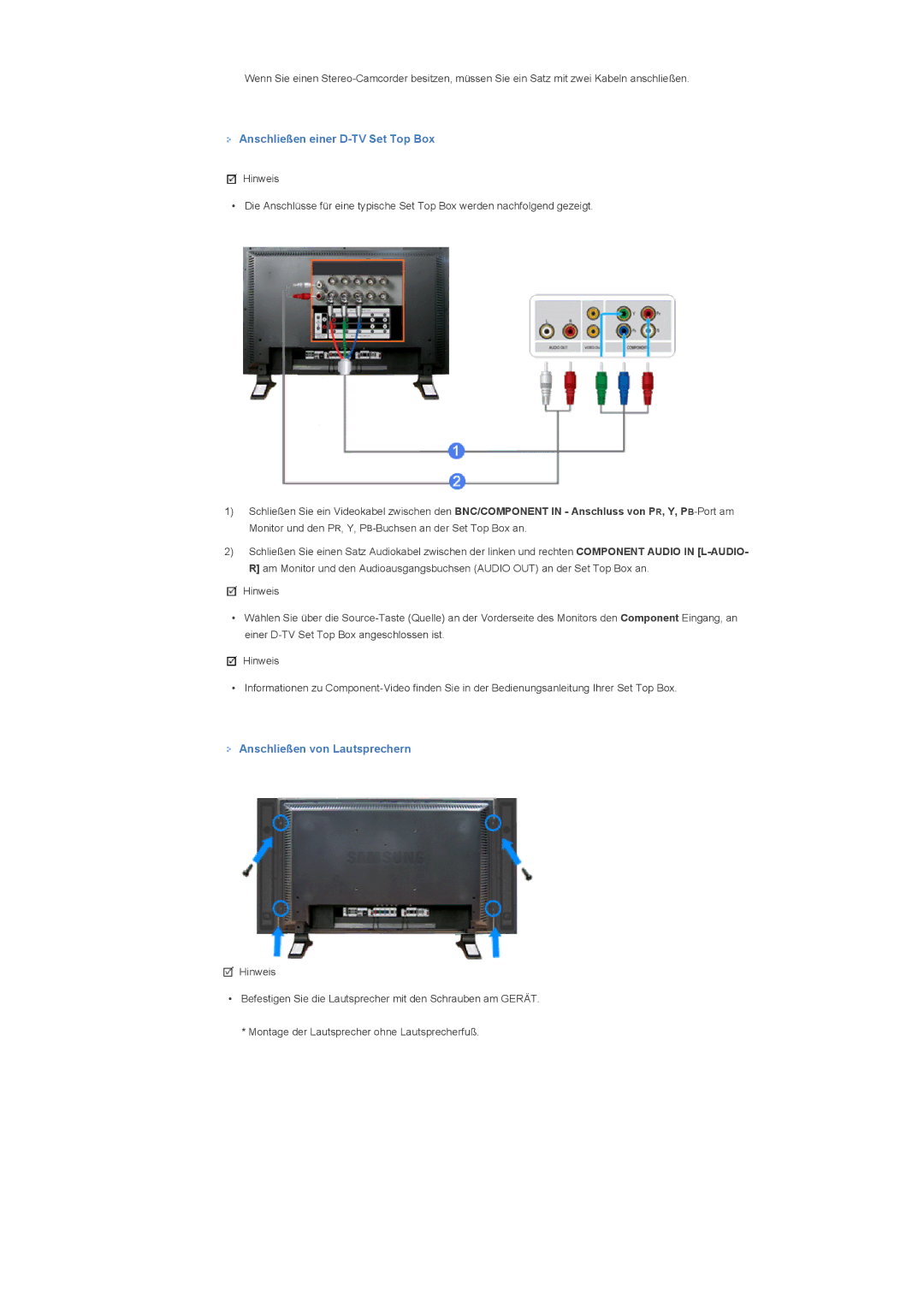 Samsung LS46BPPNS/EDC, LS46BPPNB/EDC, LS40BPPNB/EDC manual Anschließen einer D-TV Set Top Box, Anschließen von Lautsprechern 