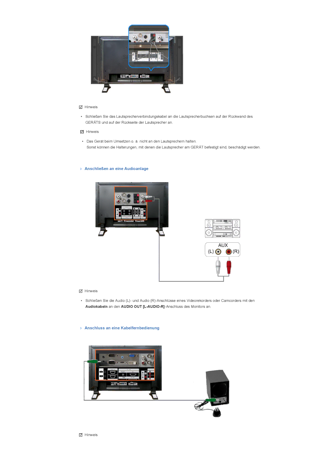 Samsung LS40BPPNS/EDC, LS46BPPNB/EDC, LS40BPPNB/EDC Anschließen an eine Audioanlage, Anschluss an eine Kabelfernbedienung 