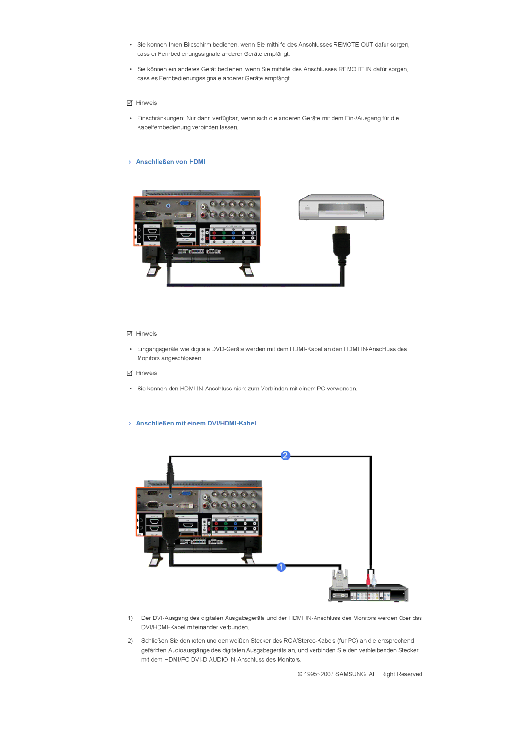 Samsung LS46BPPNB/EDC, LS40BPPNB/EDC, LS46BPPNS/EDC manual Anschließen von Hdmi, Anschließen mit einem DVI/HDMI-Kabel 