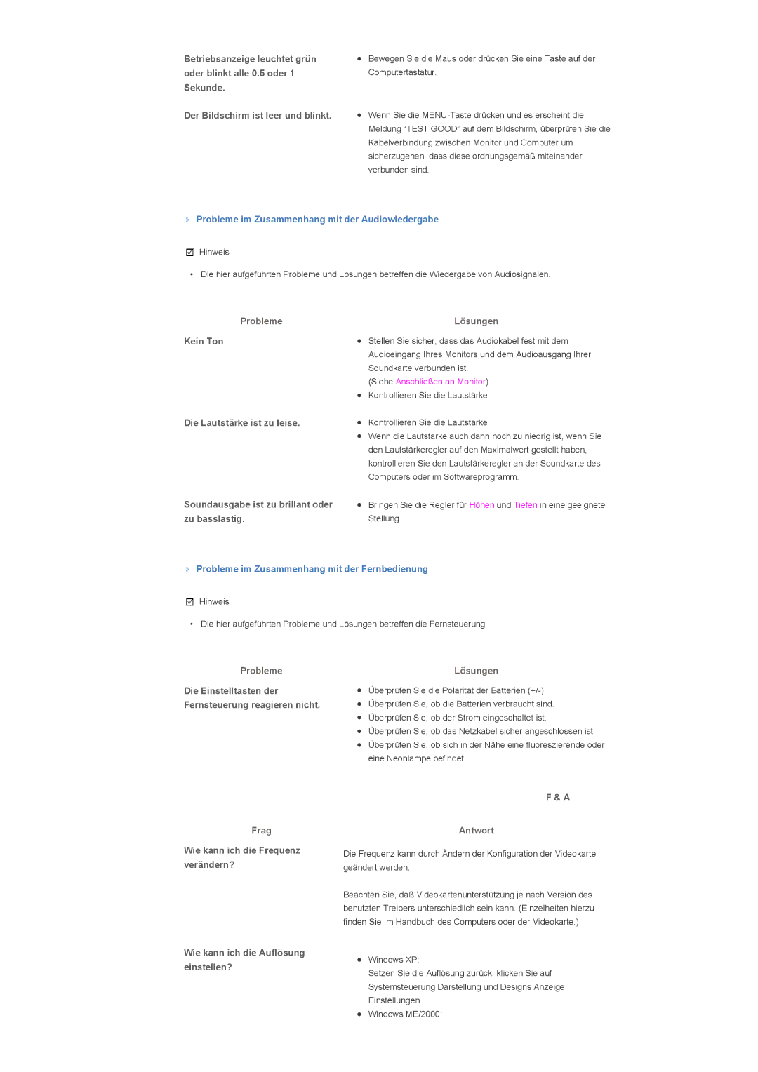 Samsung LS46BPPNB/EDC Probleme im Zusammenhang mit der Audiowiedergabe, Probleme im Zusammenhang mit der Fernbedienung 