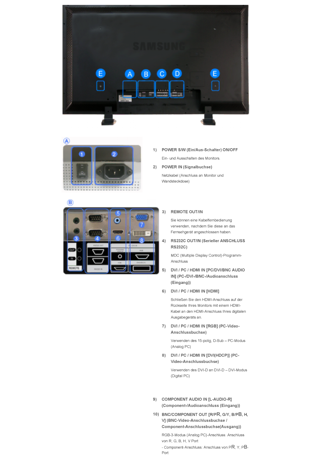 Samsung LS40BPPNB/EDC Power S/W Ein/Aus-Schalter ON/OFF, Power in Signalbuchse, RS232C OUT/IN Serieller Anschluss RS232C 