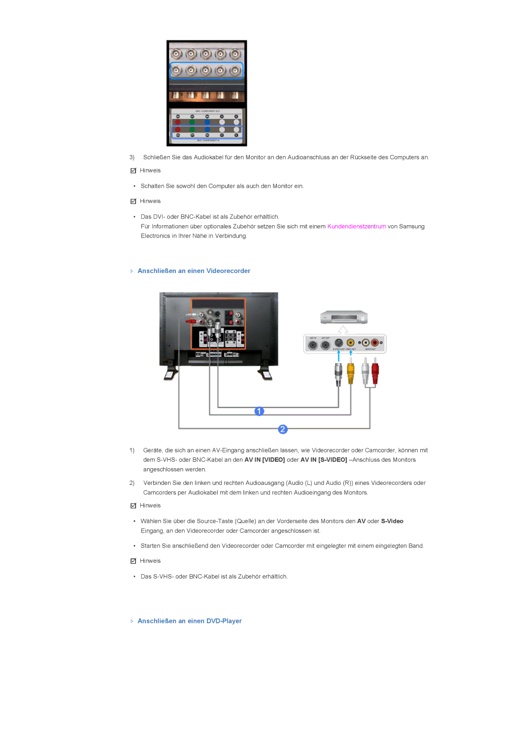 Samsung LS46BPPNS/EDC, LS46BPPNB/EDC, LS40BPPNB/EDC Anschließen an einen Videorecorder, Anschließen an einen DVD-Player 