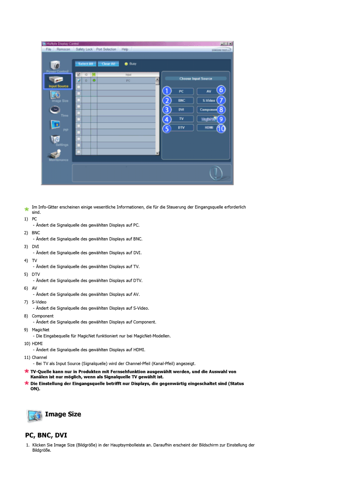 Samsung LS46BPPNB/EDC, LS40BPPNB/EDC, LS46BPPNS/EDC, LS40BPPNS/EDC manual Image Size, Pc, Bnc, Dvi 