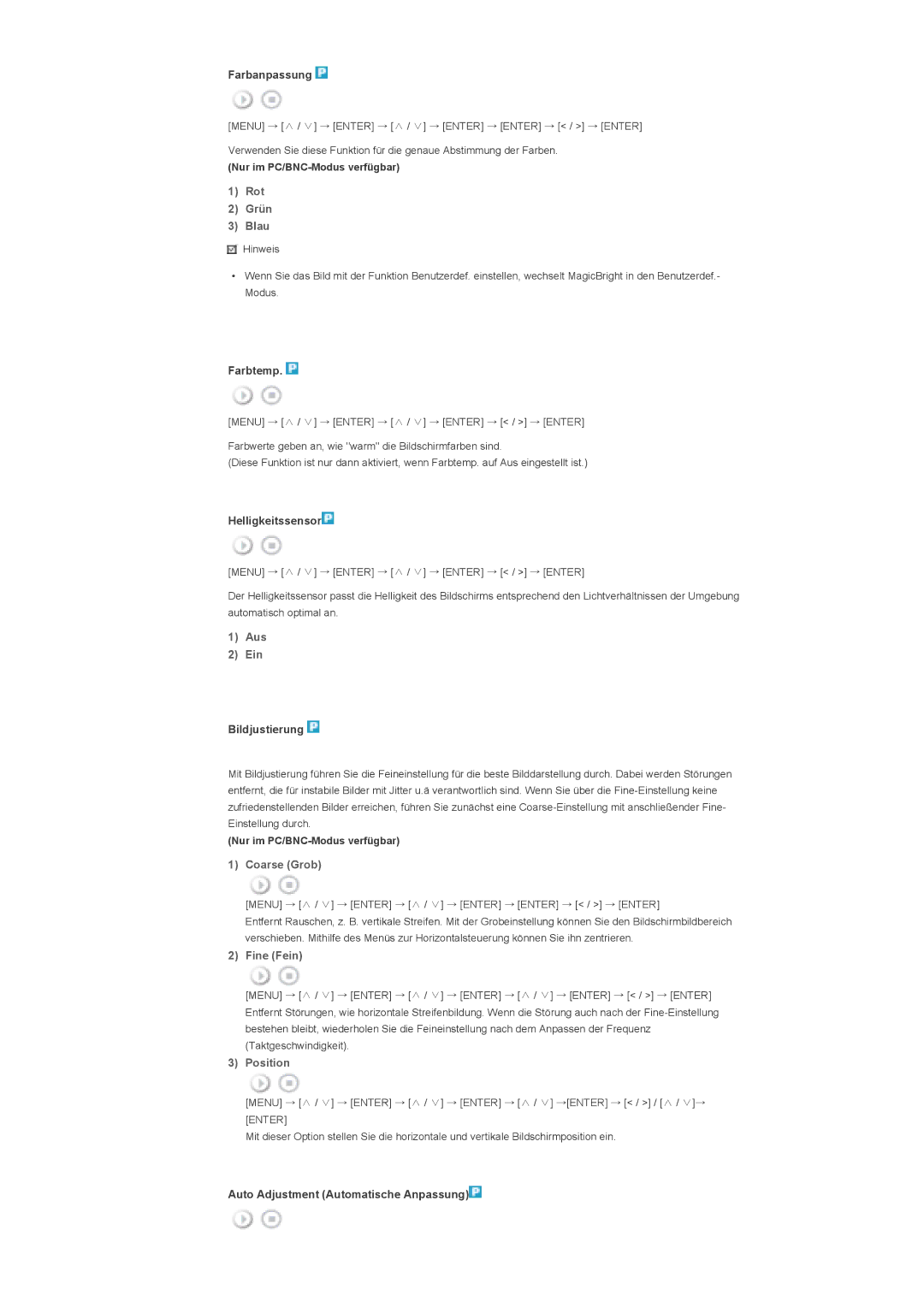 Samsung LS40BPPNB/EDC, LS46BPPNB/EDC, LS46BPPNS/EDC, LS40BPPNS/EDC manual Rot Grün Blau, Aus Ein, Coarse Grob, Fine Fein 