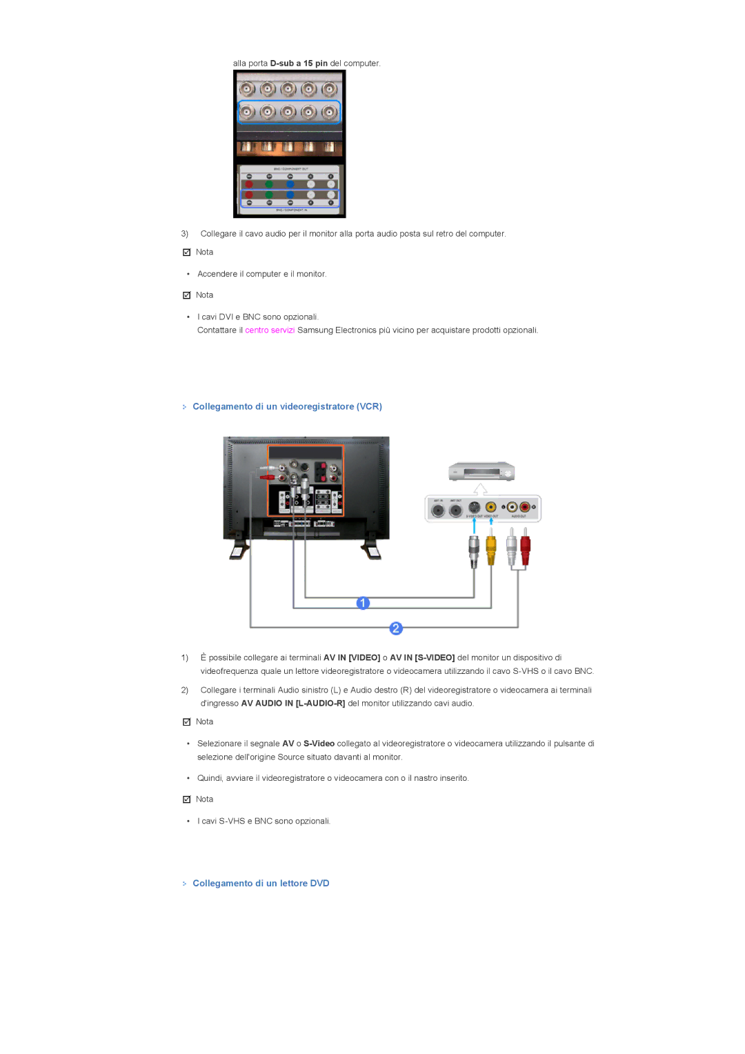 Samsung LS46BPPNB/EDC, LS40BPPNB/EDC manual Collegamento di un videoregistratore VCR, Collegamento di un lettore DVD 
