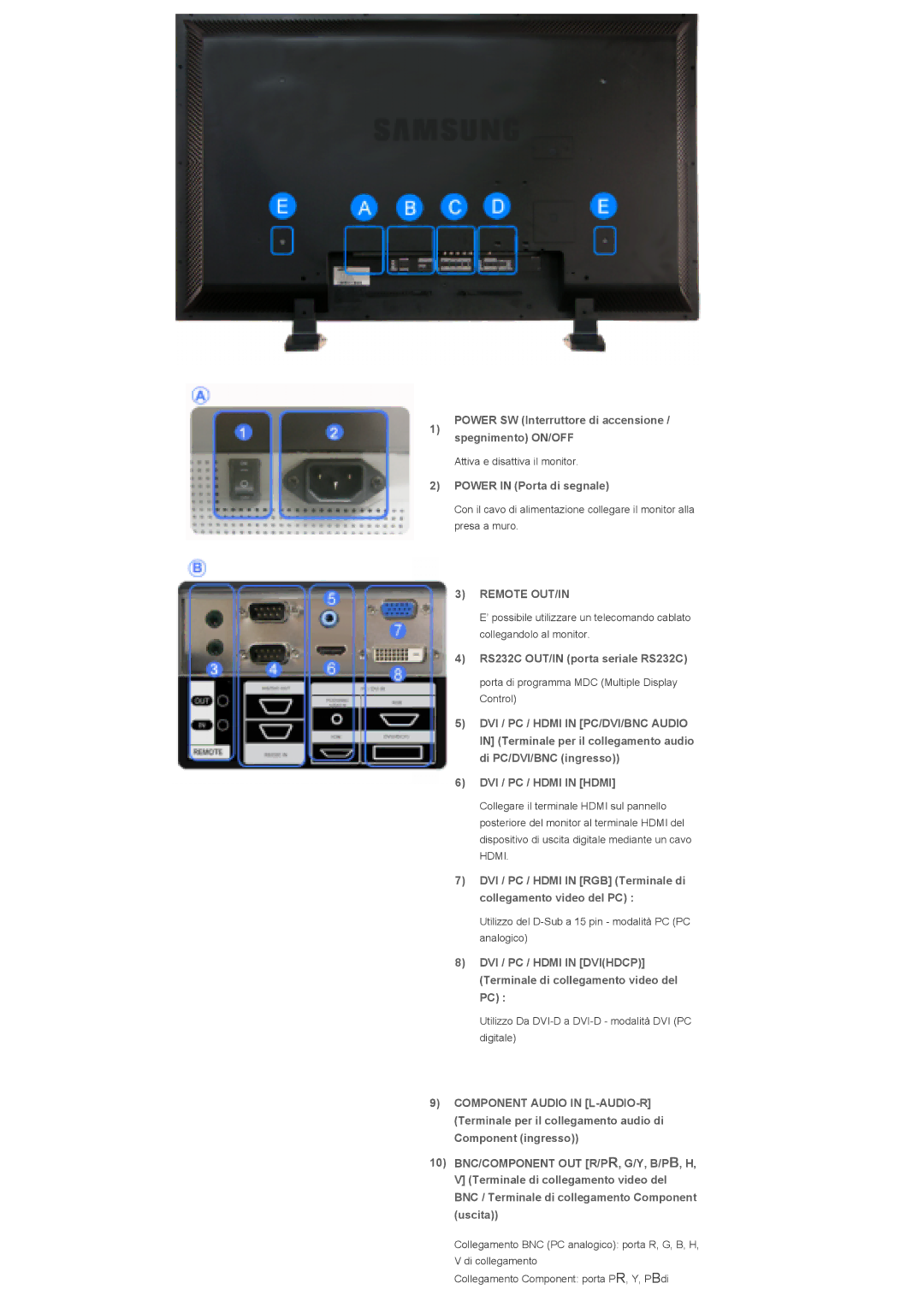 Samsung LS46BPPNS/EDC, LS46BPPNB/EDC Power SW Interruttore di accensione / spegnimento ON/OFF, Power in Porta di segnale 