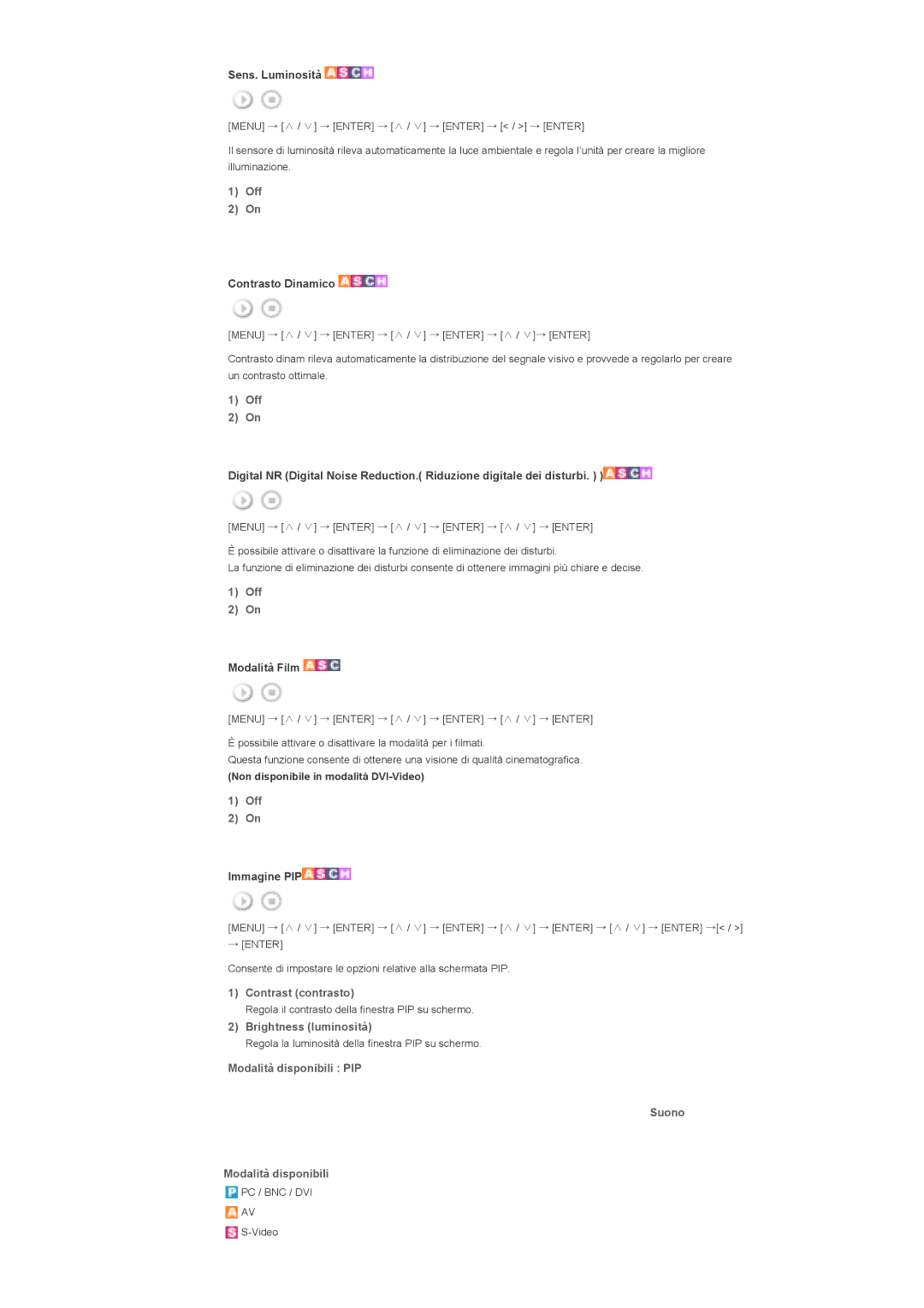 Samsung LS46BPPNB/EDC, LS40BPPNB/EDC, LS46BPPNS/EDC manual Contrasto Dinamico, Modalità Film, Modalità disponibili PIP Suono 