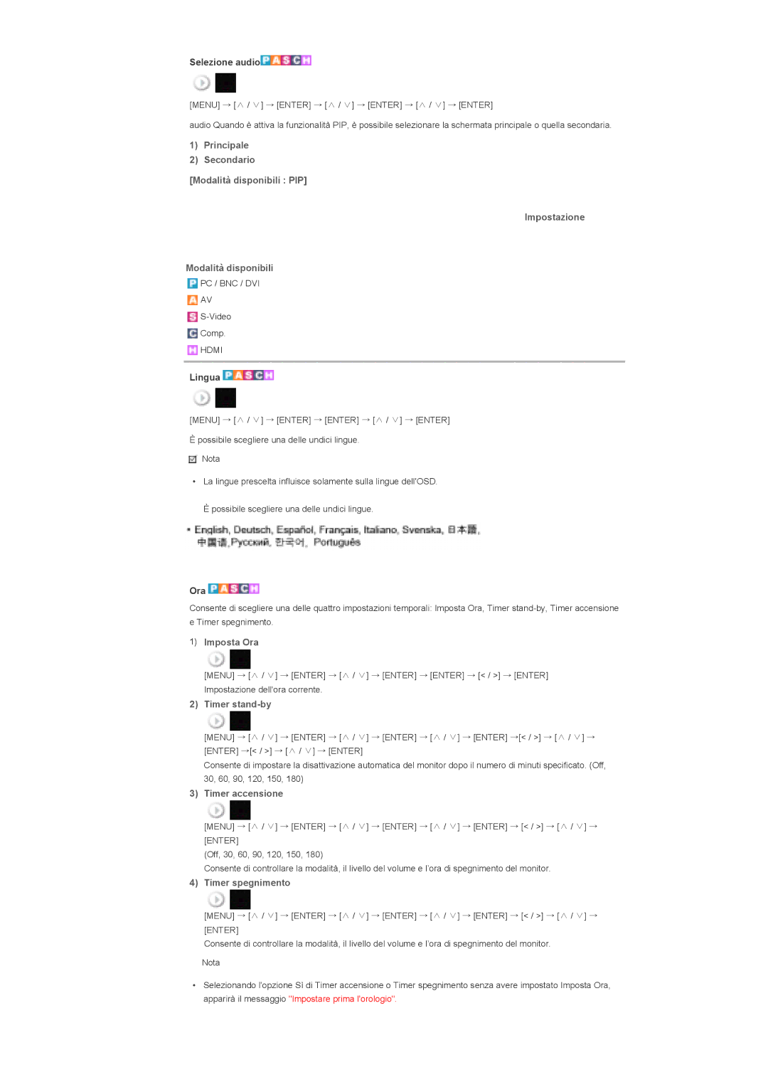 Samsung LS46BPPNS/EDC manual Principale Secondario Modalità disponibili PIP Impostazione, Imposta Ora, Timer stand-by 