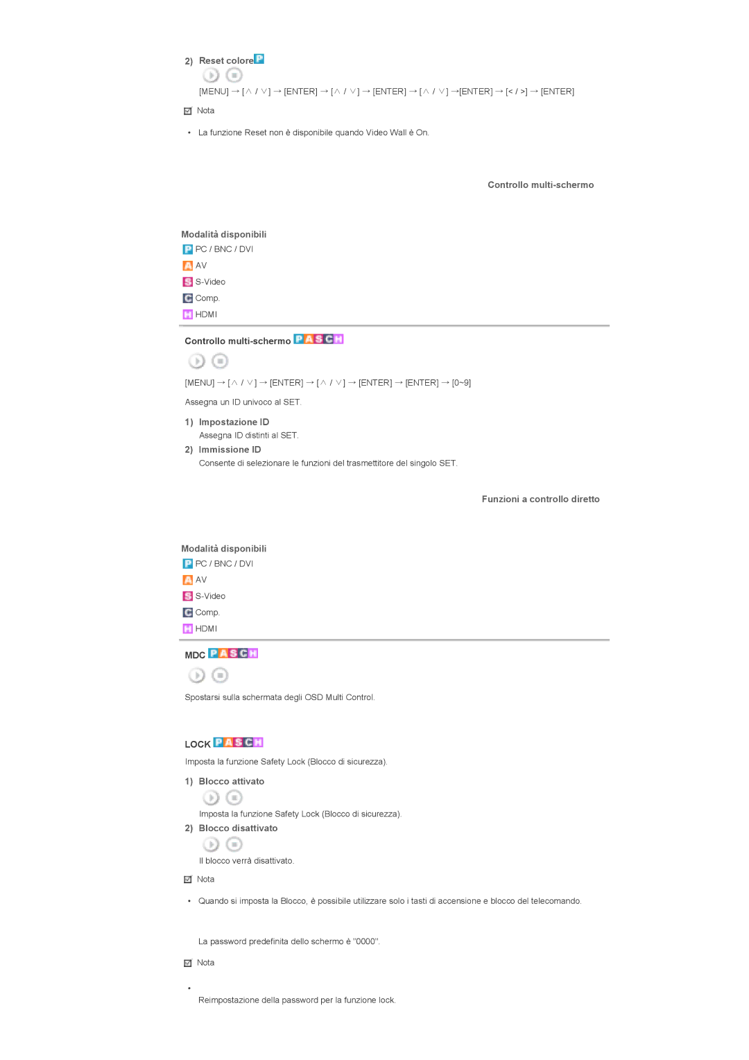 Samsung LS46BPPNS/EDC manual Reset colore, Controllo multi-schermo Modalità disponibili, Impostazione ID, Immissione ID 