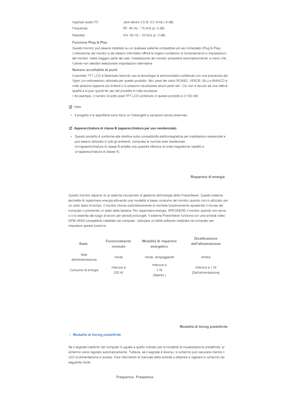 Samsung LS46BPPNS/EDC, LS46BPPNB/EDC, LS40BPPNB/EDC, LS40BPPNS/EDC manual Risparmio di energia, Modalità di timing predefinite 