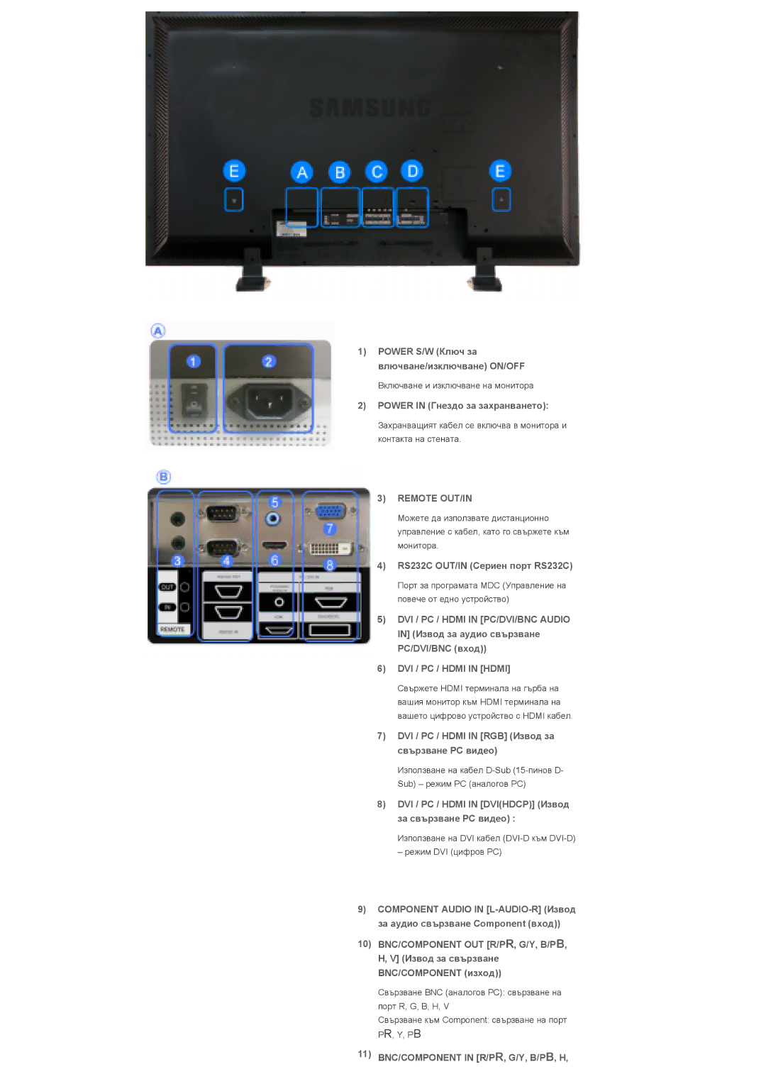 Samsung LS46BPPNS/EDC, LS46BPPNB/EDC Power in Гнездо за захранването, RS232C OUT/IN Cериен порт RS232C, PC/DVI/BNC вход 