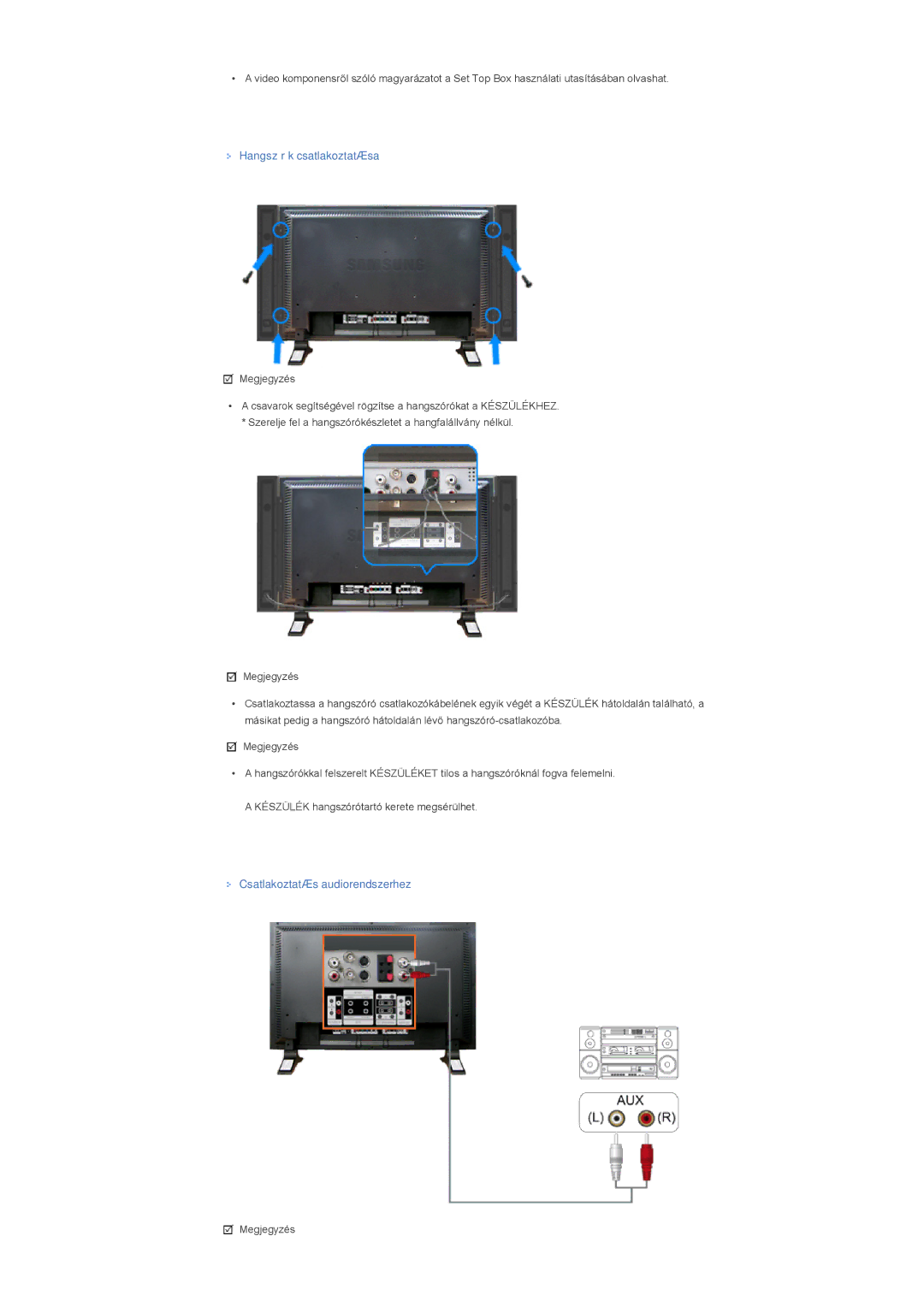 Samsung LS40BPPNS/EDC, LS46BPPNB/EDC, LS40BPPNB/EDC manual Hangszórók csatlakoztatása, Csatlakoztatás audiorendszerhez 