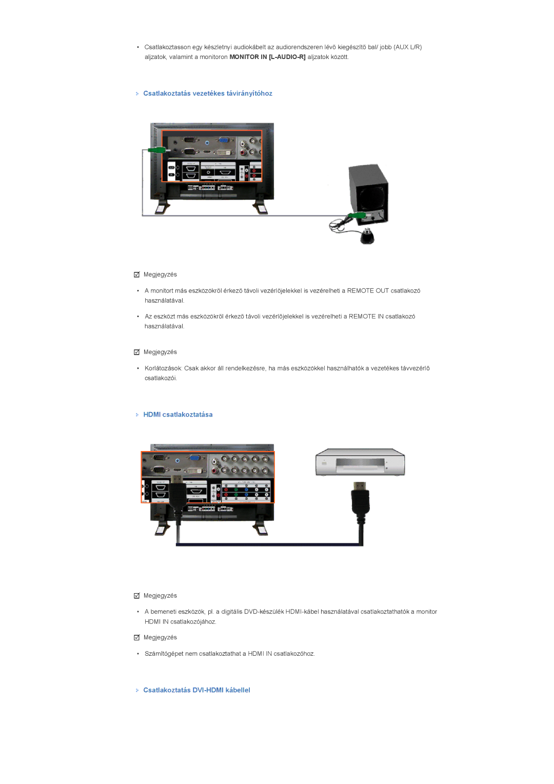 Samsung LS46BPPNB/EDC Csatlakoztatás vezetékes távirányítóhoz, Hdmi csatlakoztatása, Csatlakoztatás DVI-HDMI kábellel 