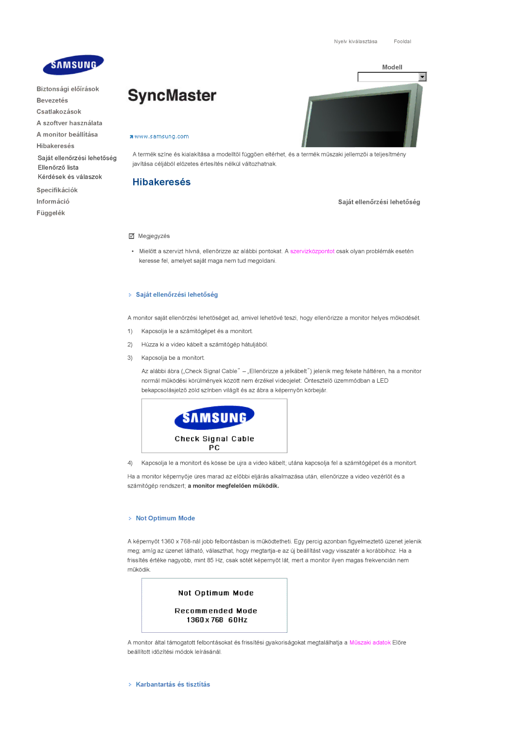 Samsung LS46BPPNS/EDC, LS46BPPNB/EDC manual Specifikációk Információ Függelék, Saját ellenőrzési lehetőség, Not Optimum Mode 