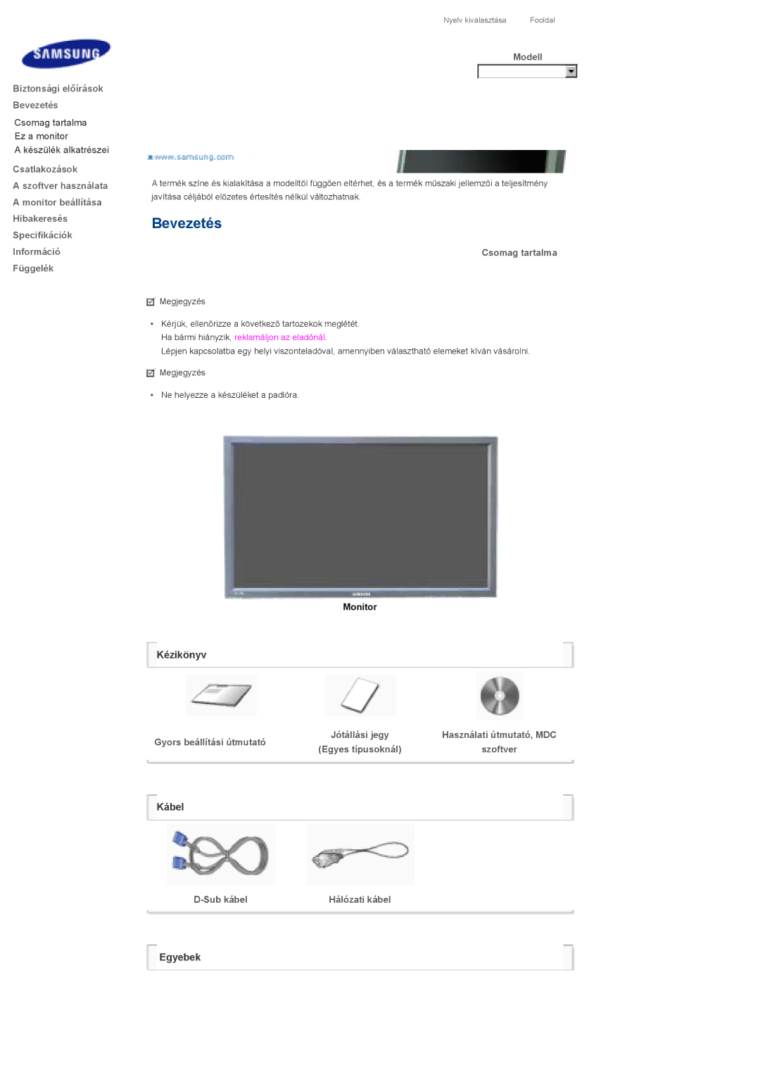 Samsung LS46BPPNS/EDC, LS46BPPNB/EDC, LS40BPPNB/EDC manual Modell, Csomag tartalma, Gyors beállítási útmutató, Sub kábel 