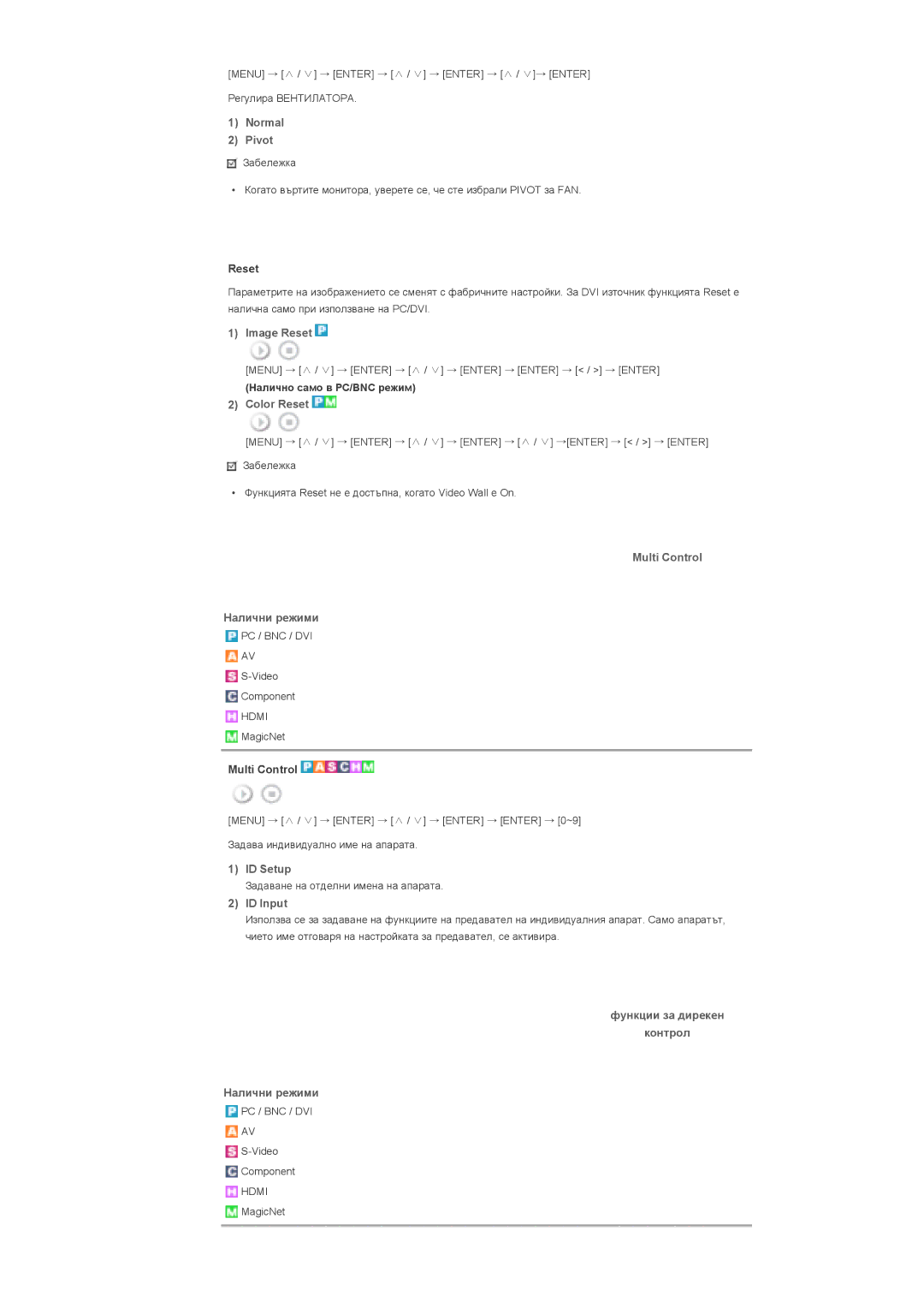 Samsung LS46BPPNB/EDC manual Normal Pivot, Image Reset, Color Reset, Multi Control Налични режими, ID Setup, ID Input 